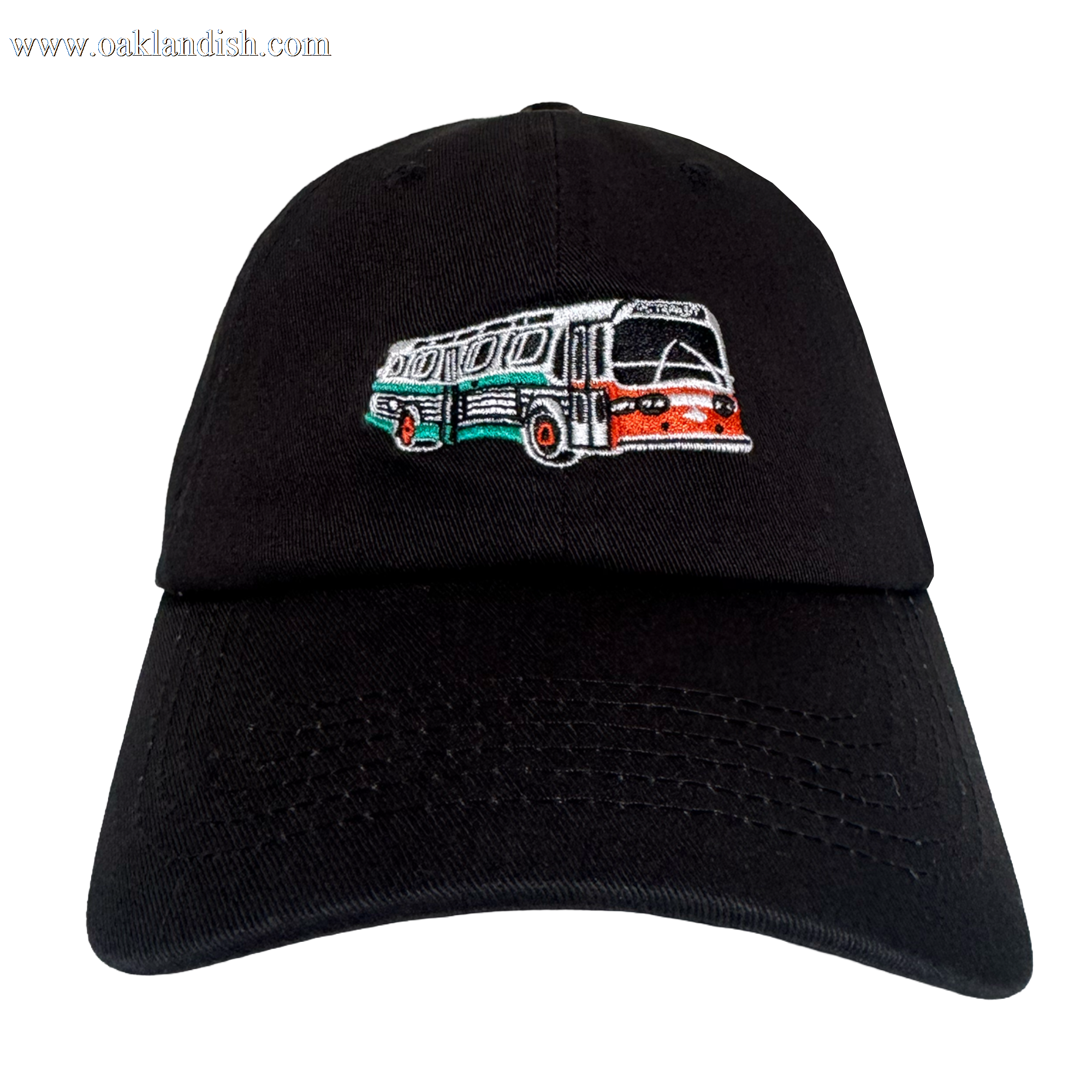 The Oaklandish AC Transit Dad Hat features a black design with an embroidered vintage AC Transit bus in green, white, and orange on the front—an homage to transit history viewed against a plain white background.