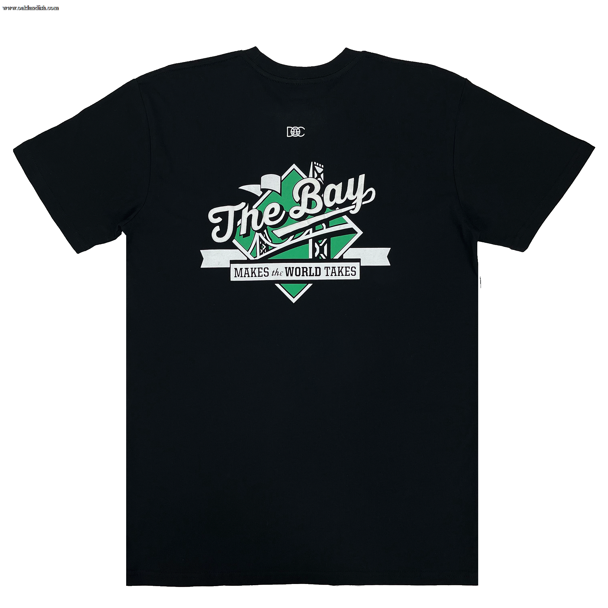 The Bay Tee by DOC from Oaklandish is a black classic fit T-shirt showcasing a central graphic design that embodies Bay Area culture. It features a green, stylized emblem with "The Bay" in bold white script. Beneath the emblem, there's a white banner displaying "MAKES the WORLD TAKES" in black lettering. This T-shirt has a round neck, short sleeves, and is made of 100% cotton.