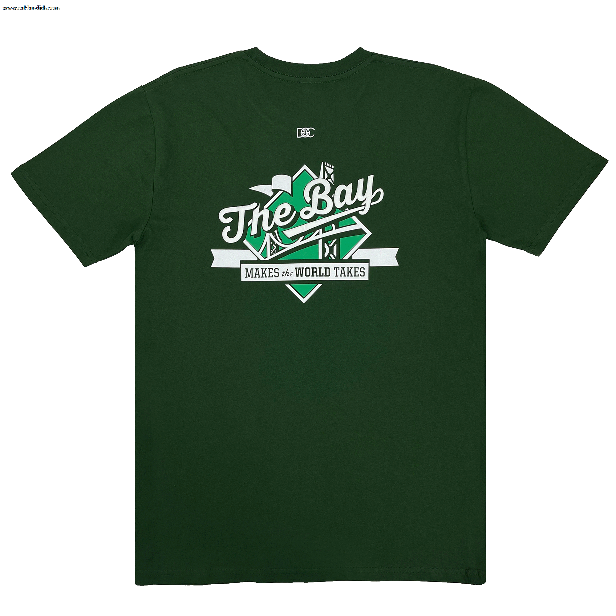 Backside view of a forest green t-shirt with white The Bay Makes The World Takes green and white logo graphic.