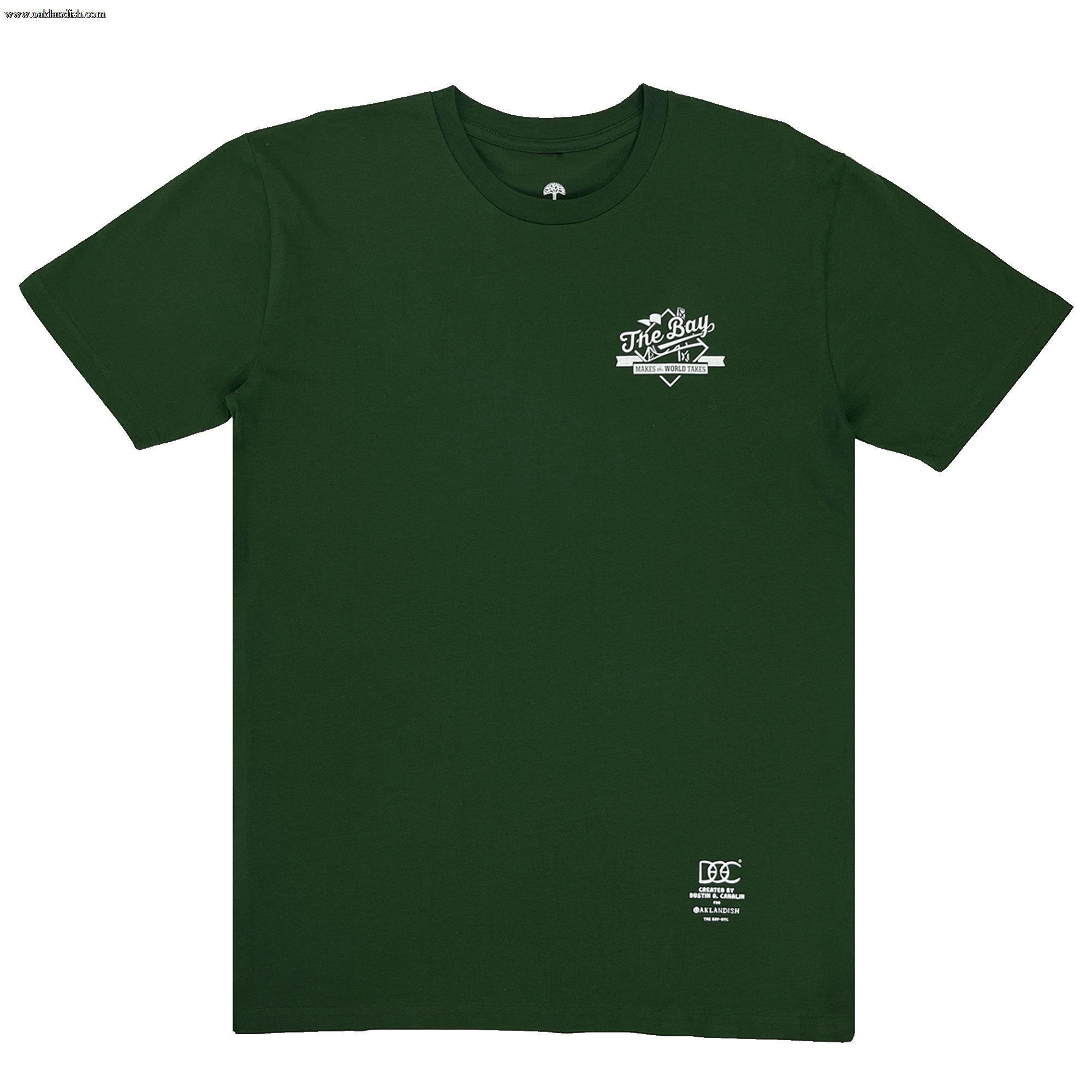 Frontside view of a green t-shirt white The Bay Makes The World Takes logo graphic on left chest wearside.