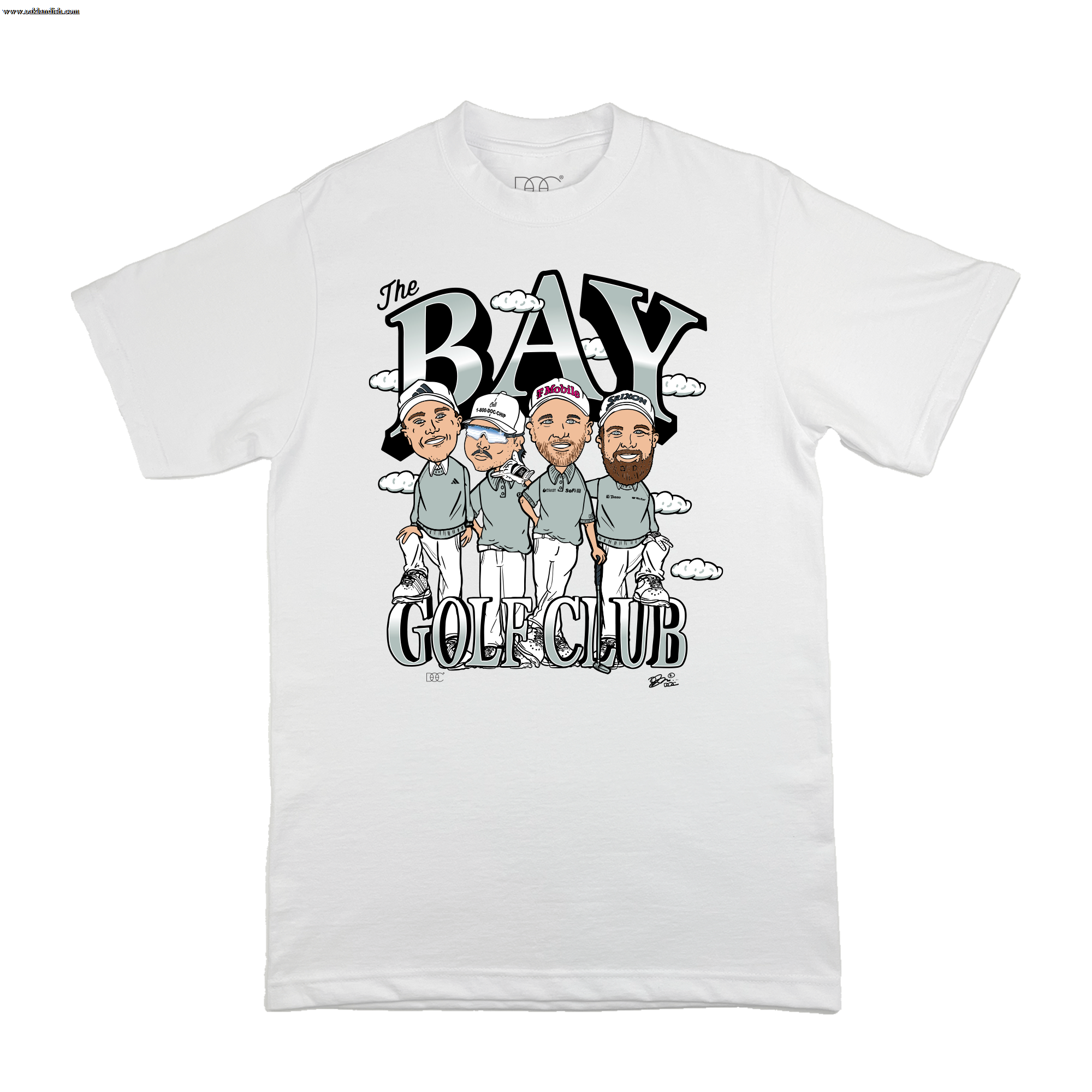 The Bay Golf Club Tee by By DOC features a whimsical Canalin-style illustration of three golfers with clubs, "The Bay Golf Club" printed above and below, and playful clouds embellishing the unique design.