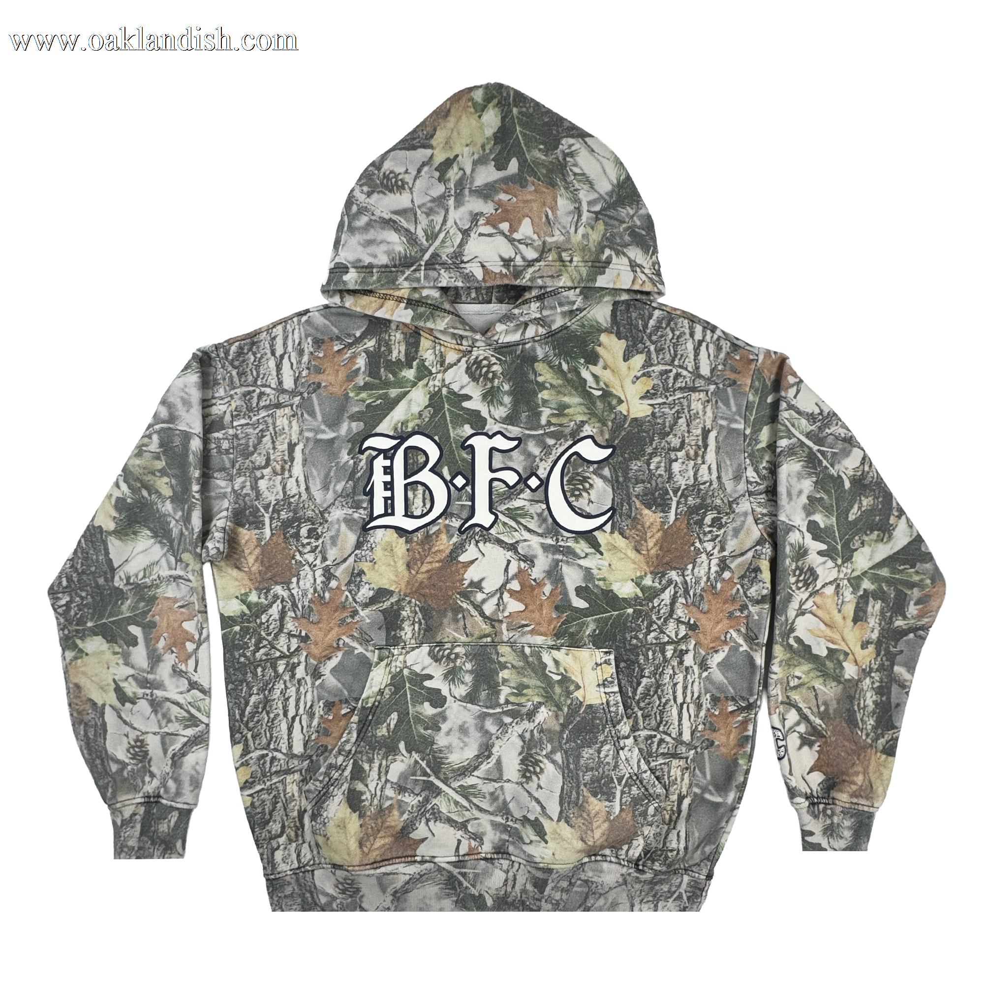 The Bay FC Camo Hoodie is a men's pullover with a wood camo pattern, bold white "BFC" chest lettering, front pocket, long sleeves, and a cozy hood. Brand: Bay FC.