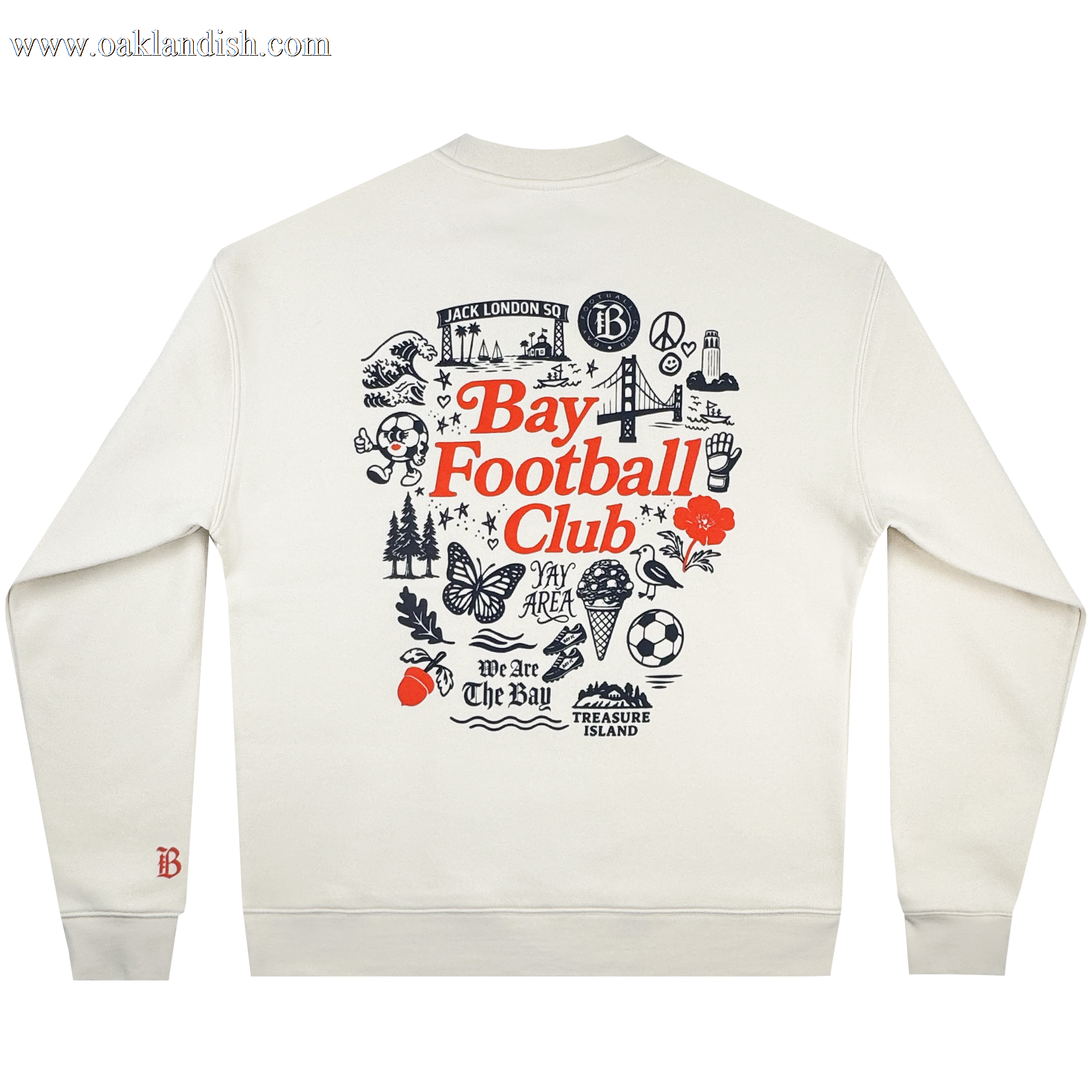 The Bay FC Jubilee Crew is a white men’s crewneck sweatshirt featuring an orange "Bay Football Club" graphic with black bridge, tree, bear, and soccer ball illustrations on the back plus a small orange "B" logo on the left wrist. Brand: Bay FC.