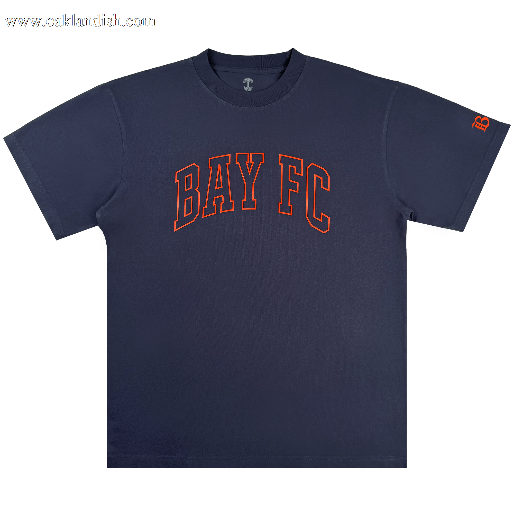 The Bay FC Varsity Tee is a classic fit, heavy-weight cotton navy shirt with bold orange "BAY FC" text on the chest and a small orange "B" logo on the left sleeve, shown flat on a white background.