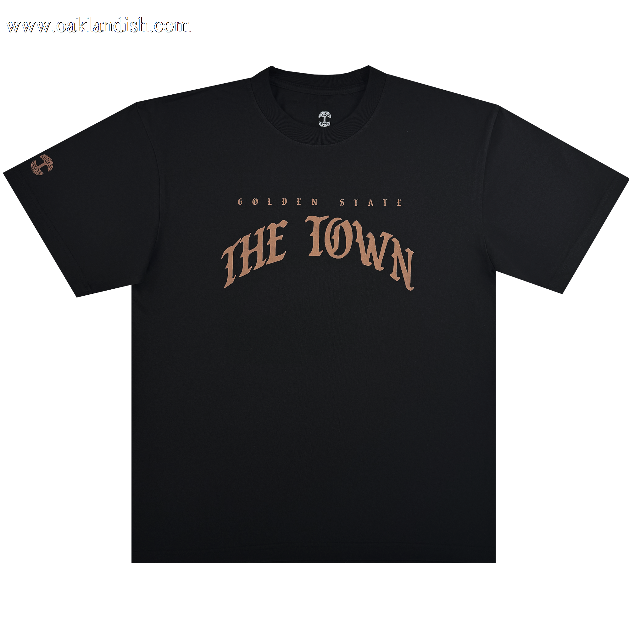 Arched Black-Letter Tee by Other features “Golden State The Town” in stylized gold lettering on the front, and is part of the exclusive Town Collection. A small round gold logo on the left sleeve signifies its Warriors x Oaklandish collaboration. This classic crew neck t-shirt with short sleeves is displayed flat against a plain white background.
