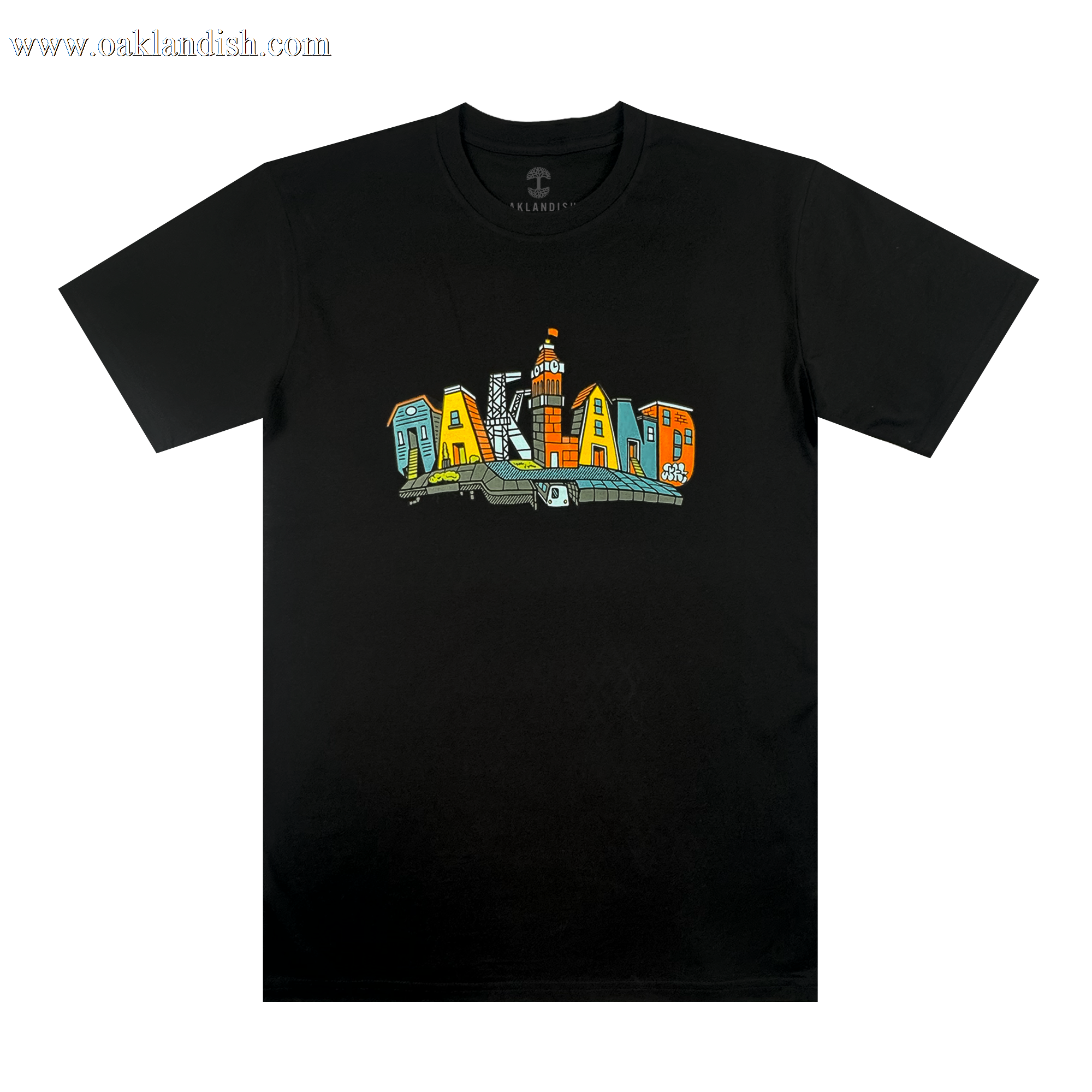 The Blockletters Tee by Oaklandish features "OAKLAND" in bold, colorful block letters with playful patterns. A small illustrated building above the "L" adds a touch of cityscape detail to this vibrant black t-shirt.