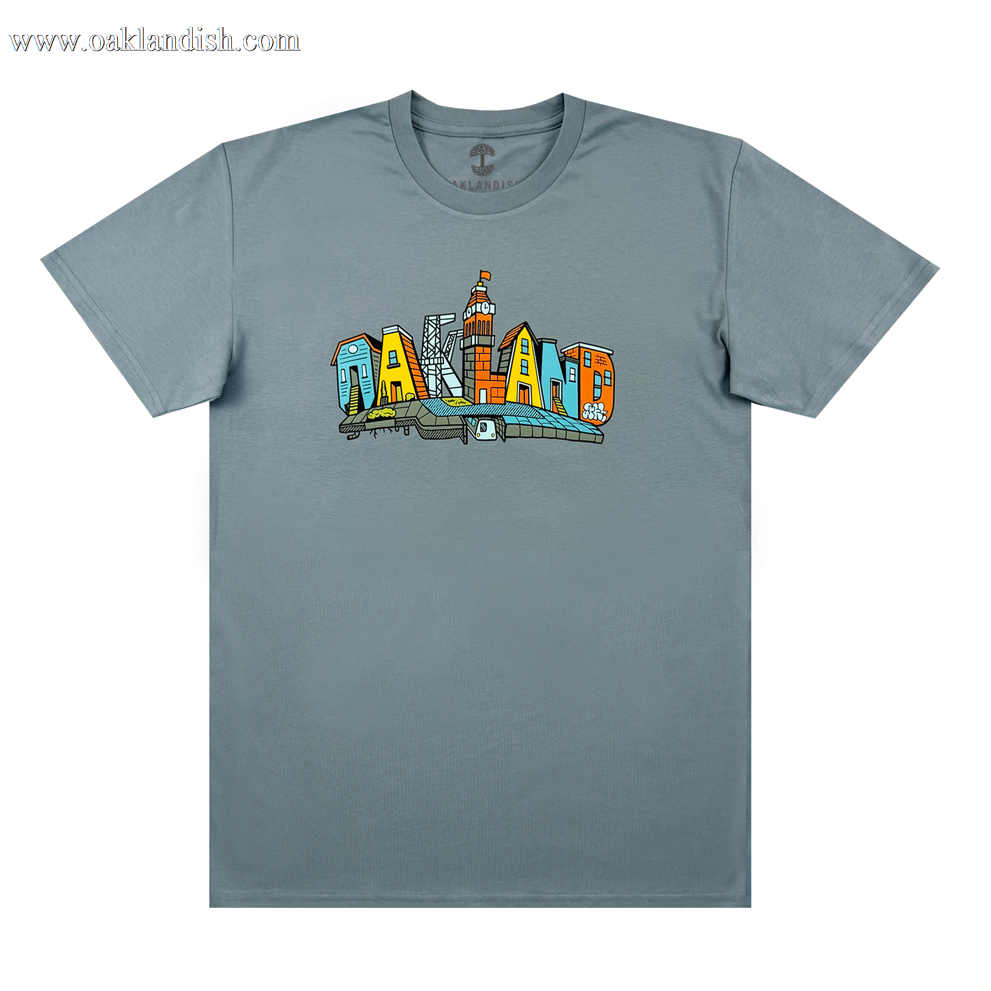 The Oaklandish Blockletters Tee is a gray shirt with a vibrant chest graphic spelling “OAKLAND,” each letter styled as a city landmark, including skyscrapers and the skyline.