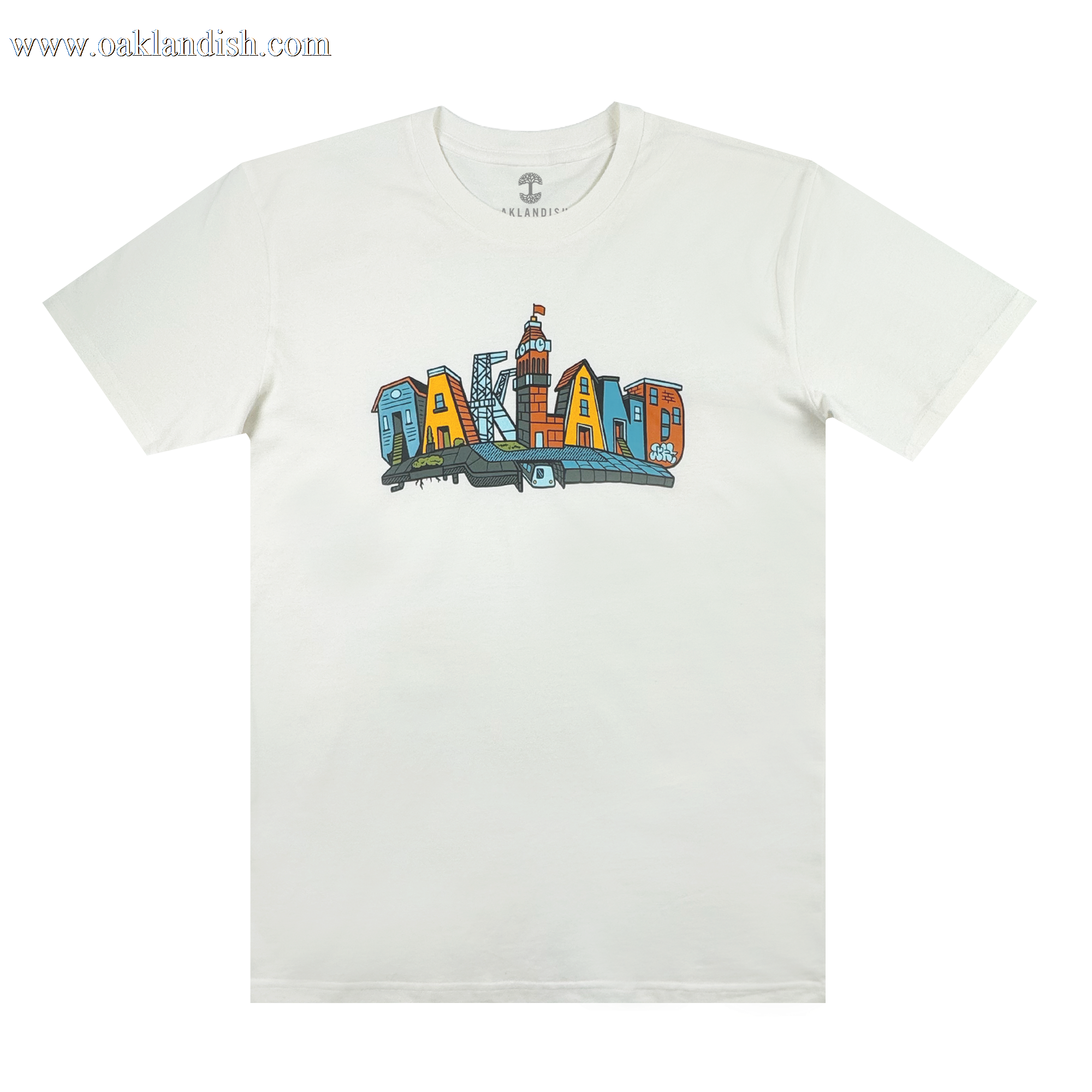 The Blockletters Tee by Oaklandish showcases “OAKLAND” in bold, colorful cityscape letters above a blue skyline, celebrating local landmarks with a vibrant urban design.