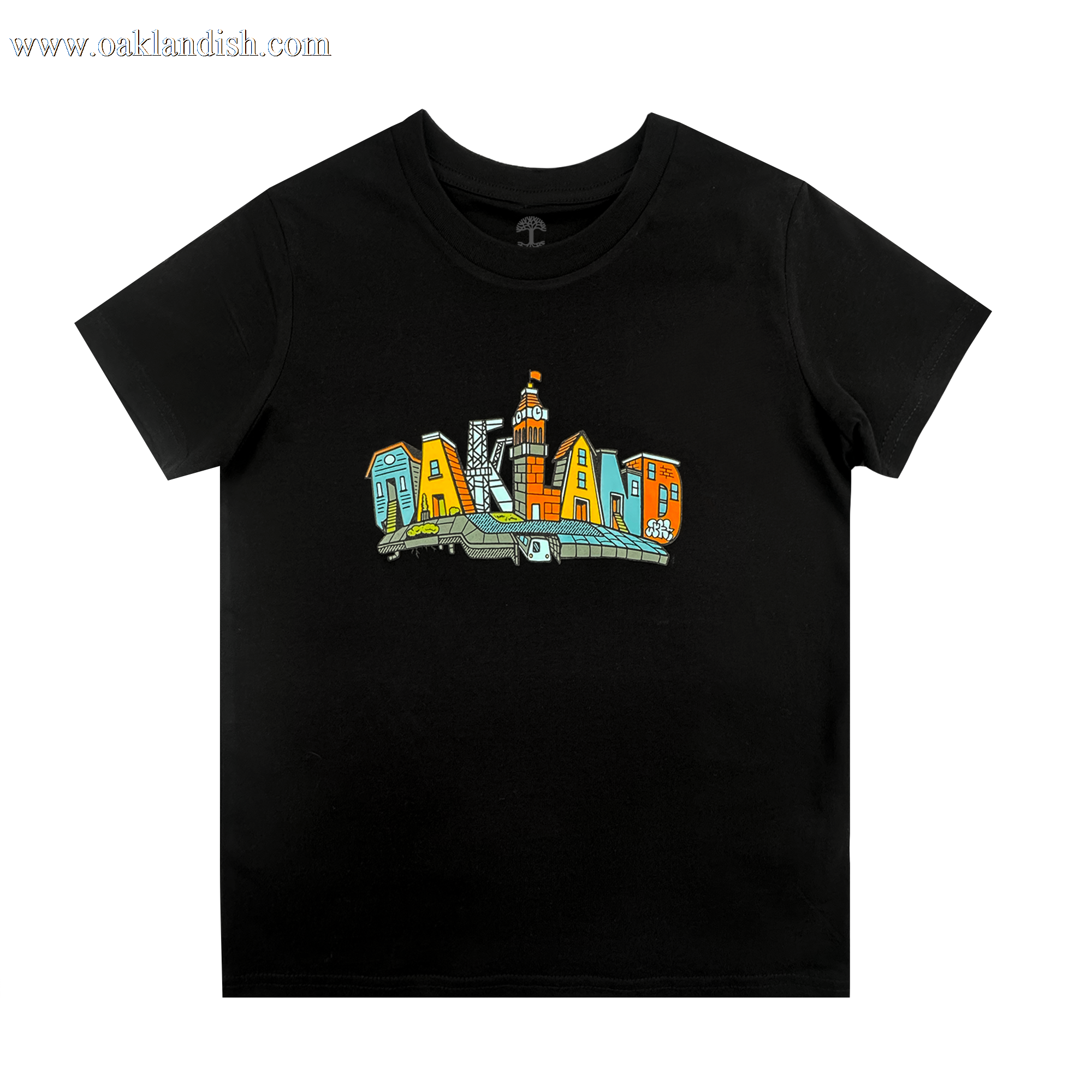 The Oaklandish Toddler Blockletters Tee is a black shirt with "OAKLAND" in big, colorful letters on the chest, each filled with city landmarks. Available in toddler sizes.