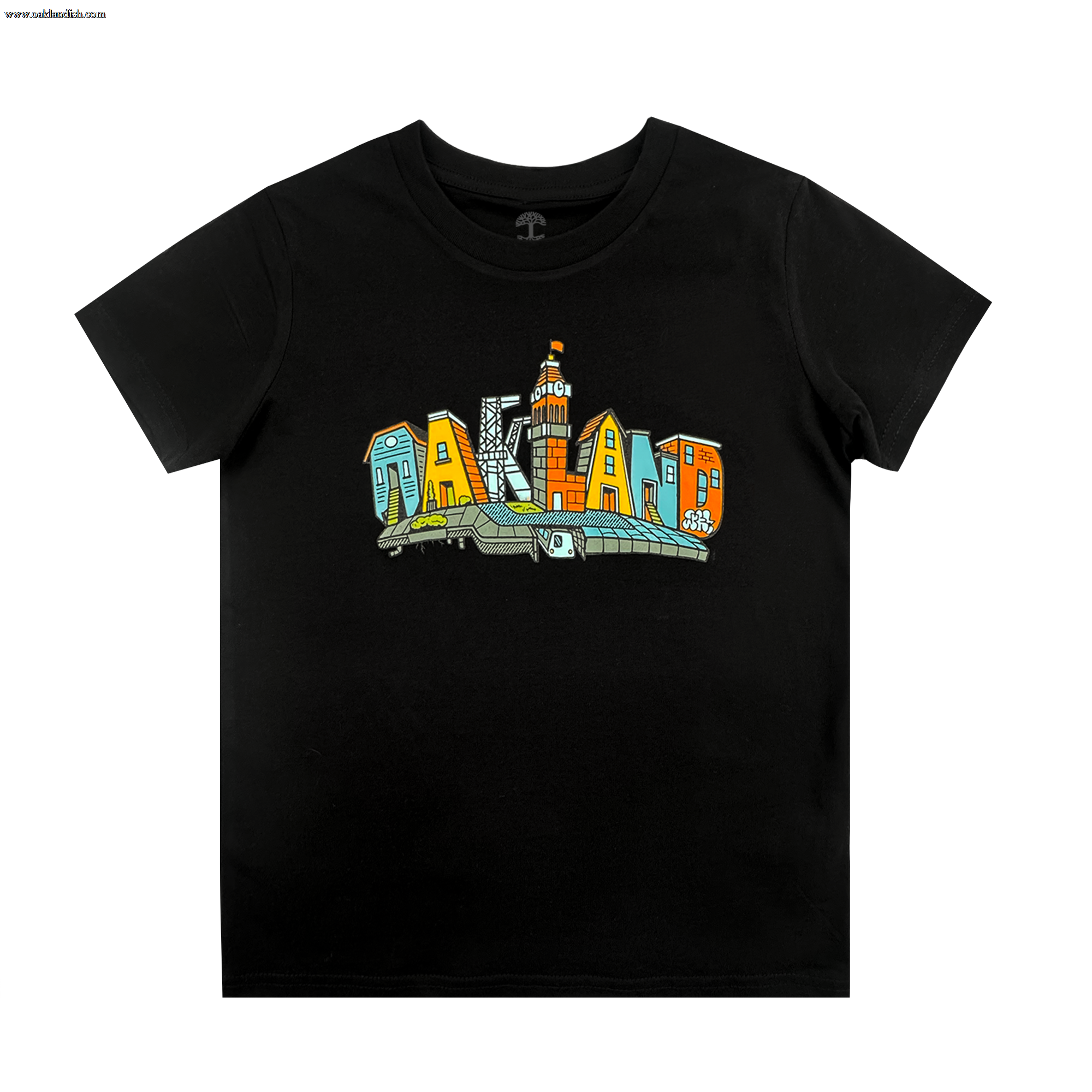 The Oaklandish Youth Blockletters Tee is a black shirt with a vibrant "OAKLAND" graphic, each letter featuring blue, yellow, orange, and white city landmarks—ideal for young fans of the iconic Oakland skyline.