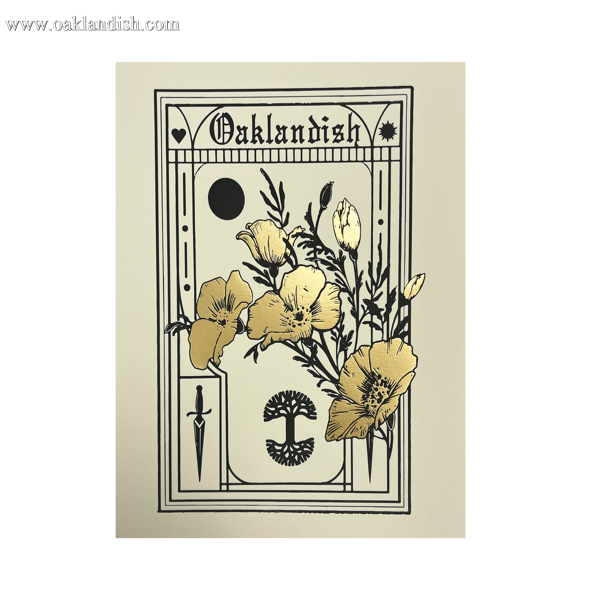 The "Blossom Print" by Never Elsewhere is a detailed line drawing featuring poppy flowers and leaves at its center, with a crescent moon, heart, and dagger in the margins. The artwork seamlessly blends gothic and botanical elements, accented with metallic gold foil on the blossoms. This unique letterpress print showcases intricate craftsmanship.