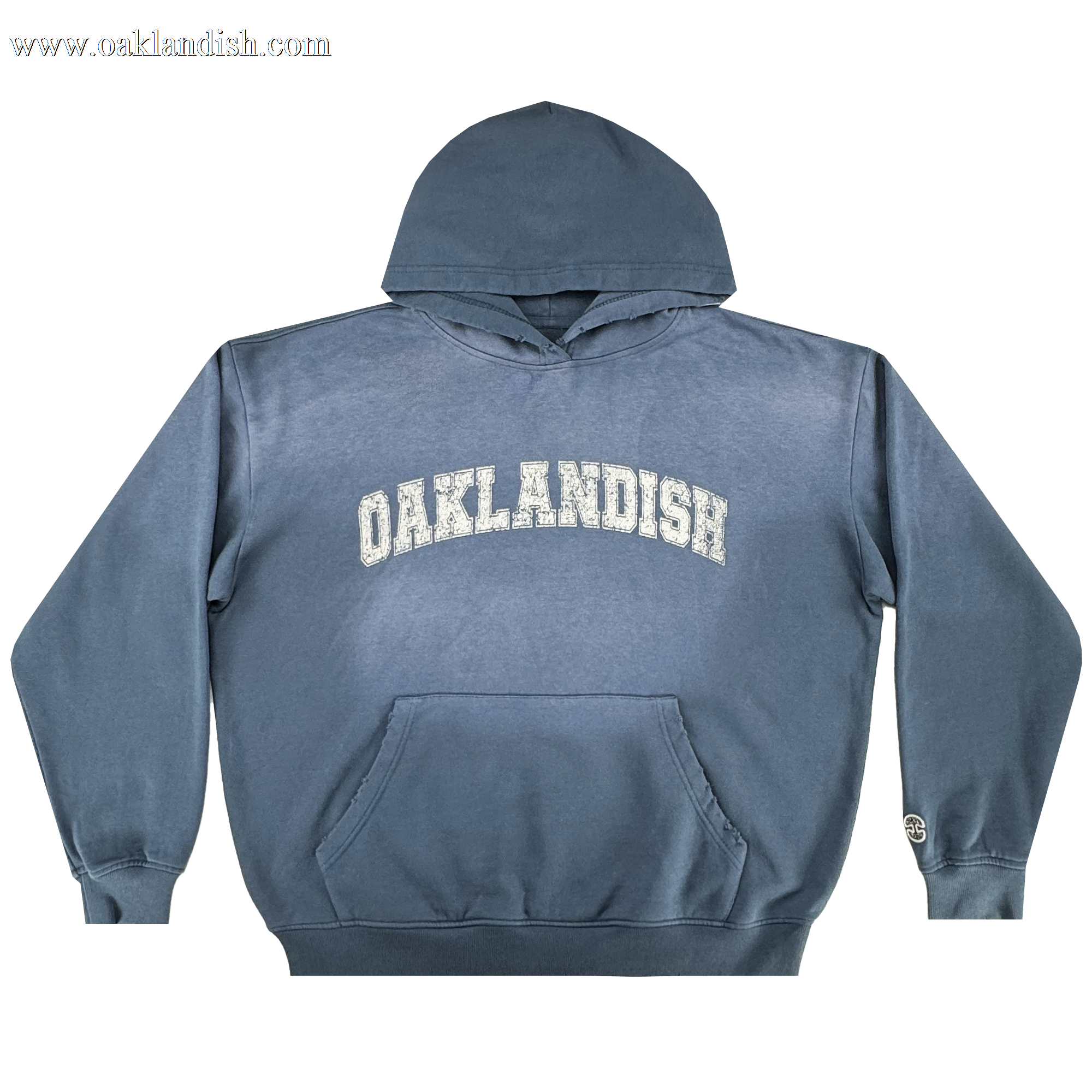 The Homage Hoodie by Oaklandish is a blue 100% cotton pullover with a front pocket, "OAKLANDISH" in large white distressed letters on the chest, and a small round logo on the left cuff—perfect men's outerwear for everyday style.