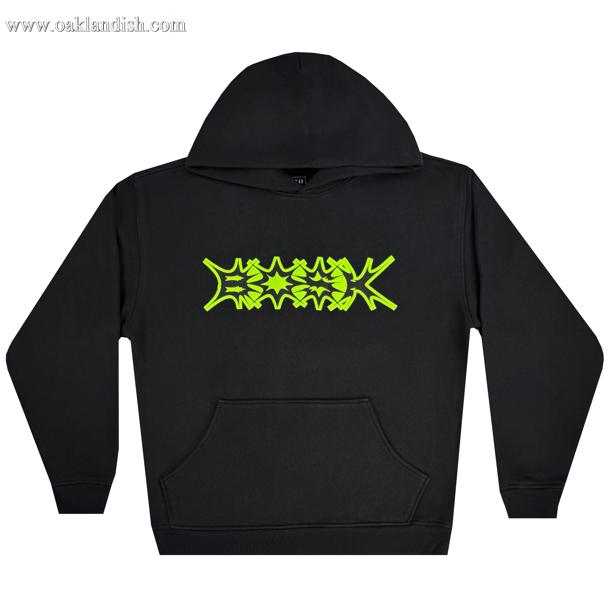 The BOSK Distortion Hoodie, crafted from cozy cotton fleece, showcases an oversized drop shoulder design with a large front pocket and hood. Featuring a neon green graffiti-style graphic at the center, it has ribbed sleeves and hem for a relaxed fit perfect for casual outings.