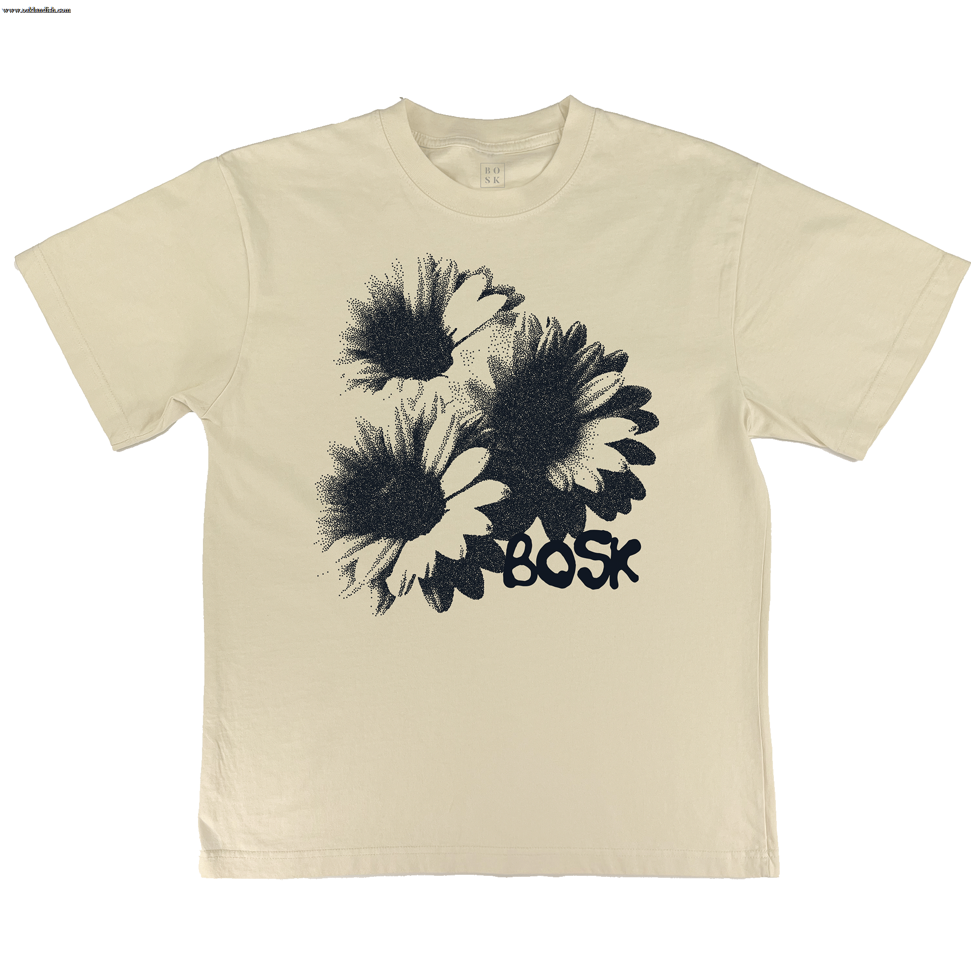 The Floret Tee by BOSK is a men's oversized cream t-shirt with a black graphic of three large daisies and bold "BOSK" graffiti text below, crafted from heavyweight cotton. Features a transparent background.