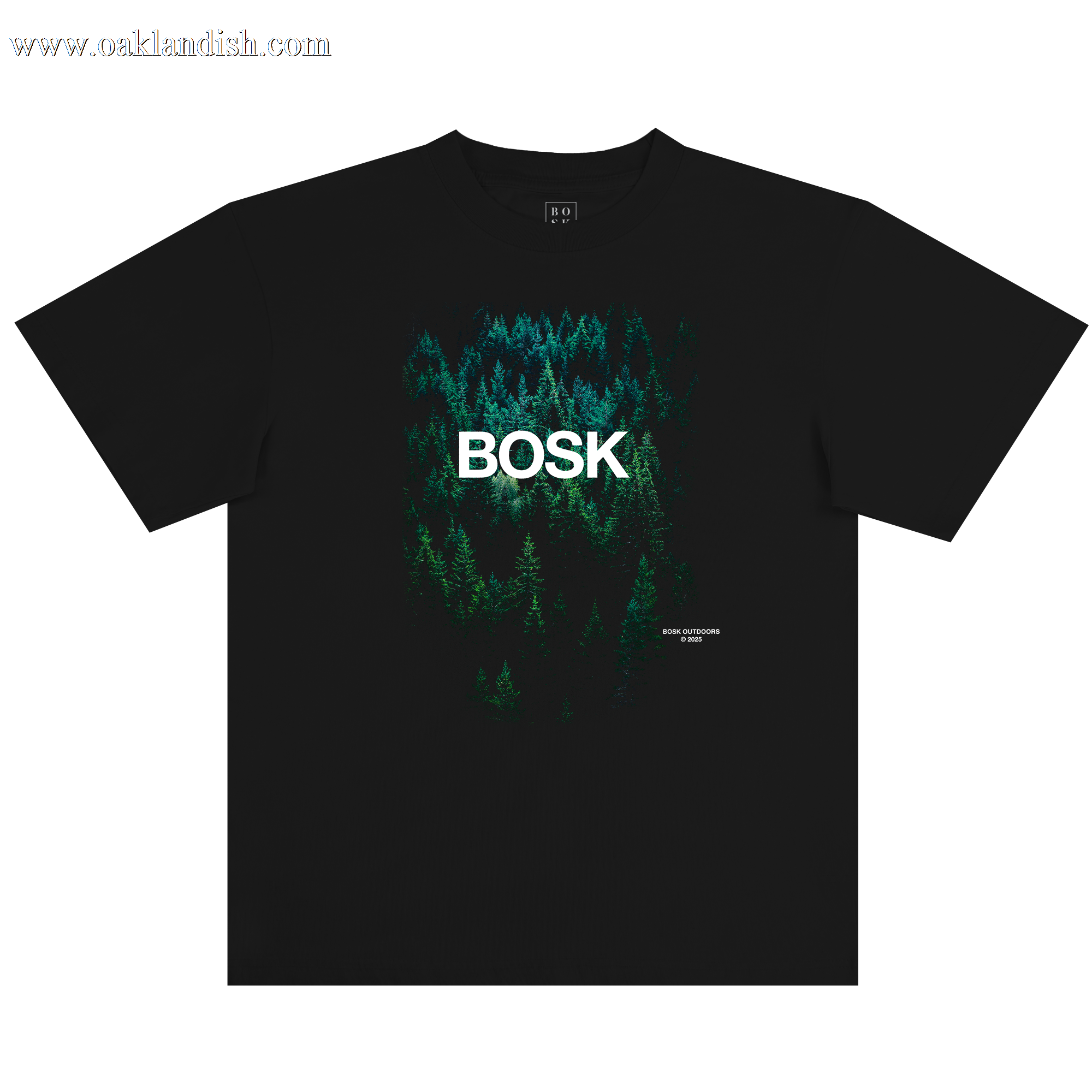 The BOSK Forest Brush Tee is a black, heavy-weight 100% cotton t-shirt featuring an overhead dense green forest print on the chest, “BOSK” in bold white letters, and small white text on the lower right.
