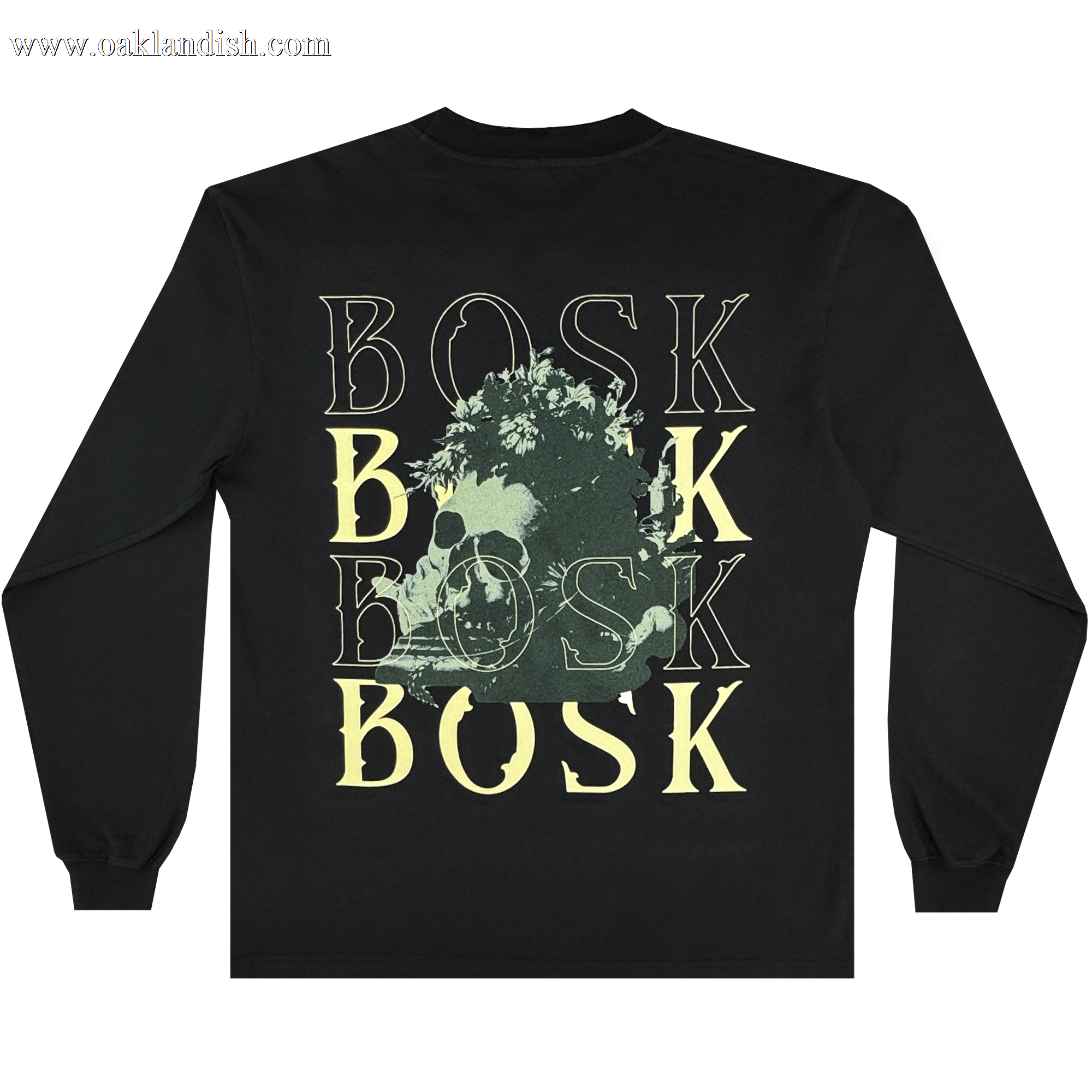 The BOSK Allure LS Tee is a black, classic-fit, 100% cotton long sleeve shirt featuring “BOSK” in bold yellow and gray with a green artistic skull and foliage on the back, showcasing a vibrant design.