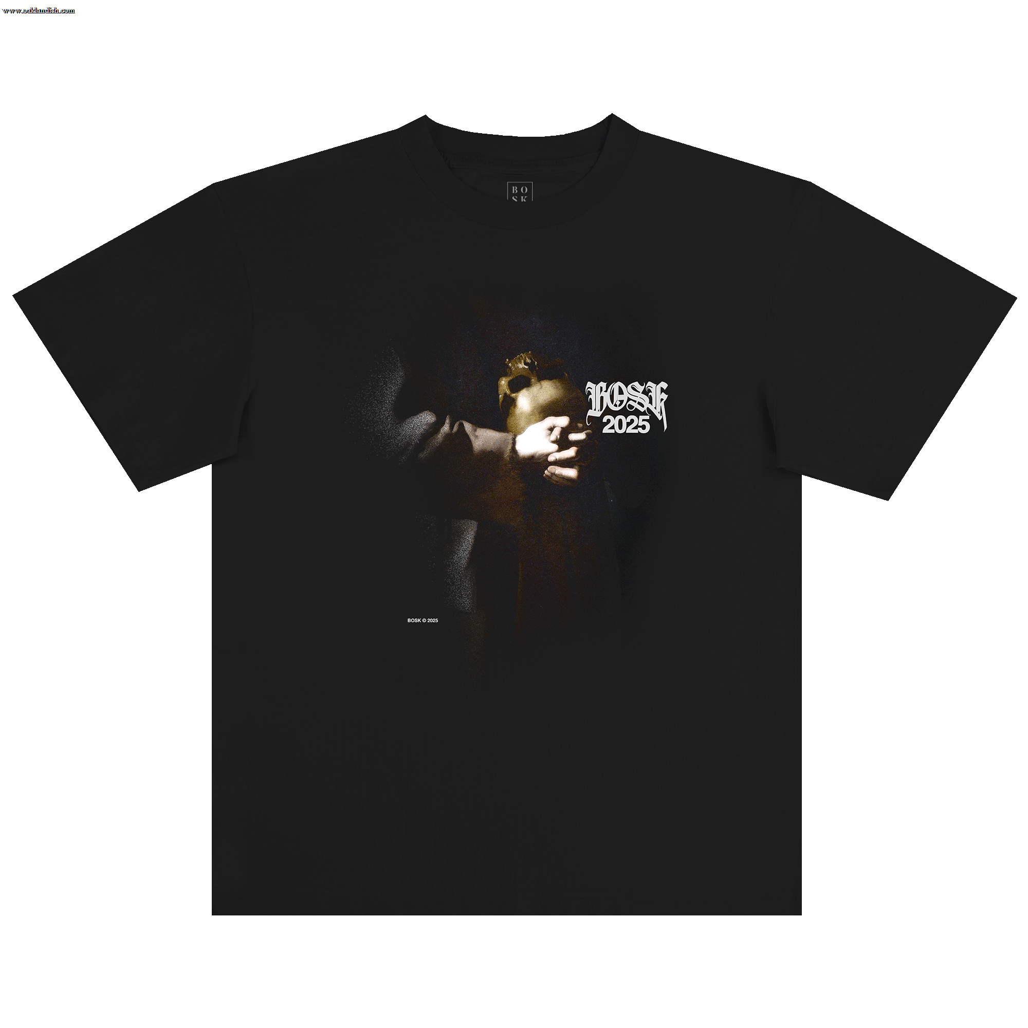 The BOSK St. Francis Tee is a black, heavy-weight, classic fit 100% cotton shirt with two hands holding a golden apple and “ROSE 2025” in stylized white text above, set against a fade-to-black background.
