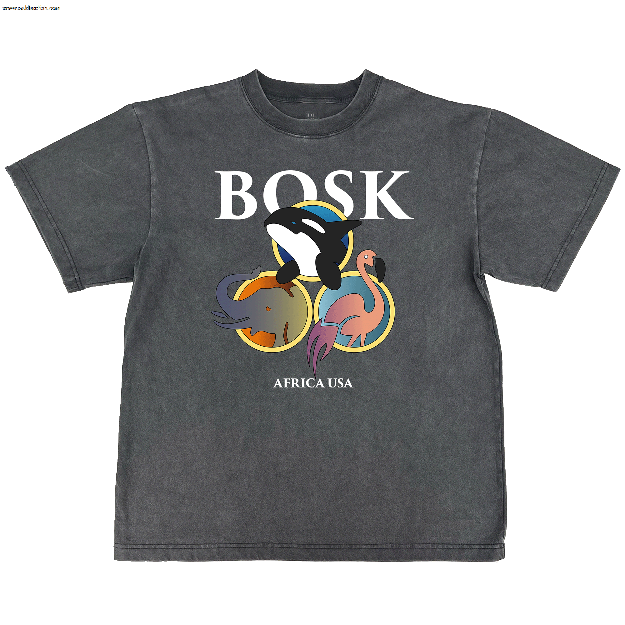 The BOSK Bosk World Tee is a faded black, classic fit, heavy-weight cotton shirt featuring bold white "BOSK" text above cartoon killer whale, elephant, and flamingo graphics with "AFRICA USA" printed underneath.