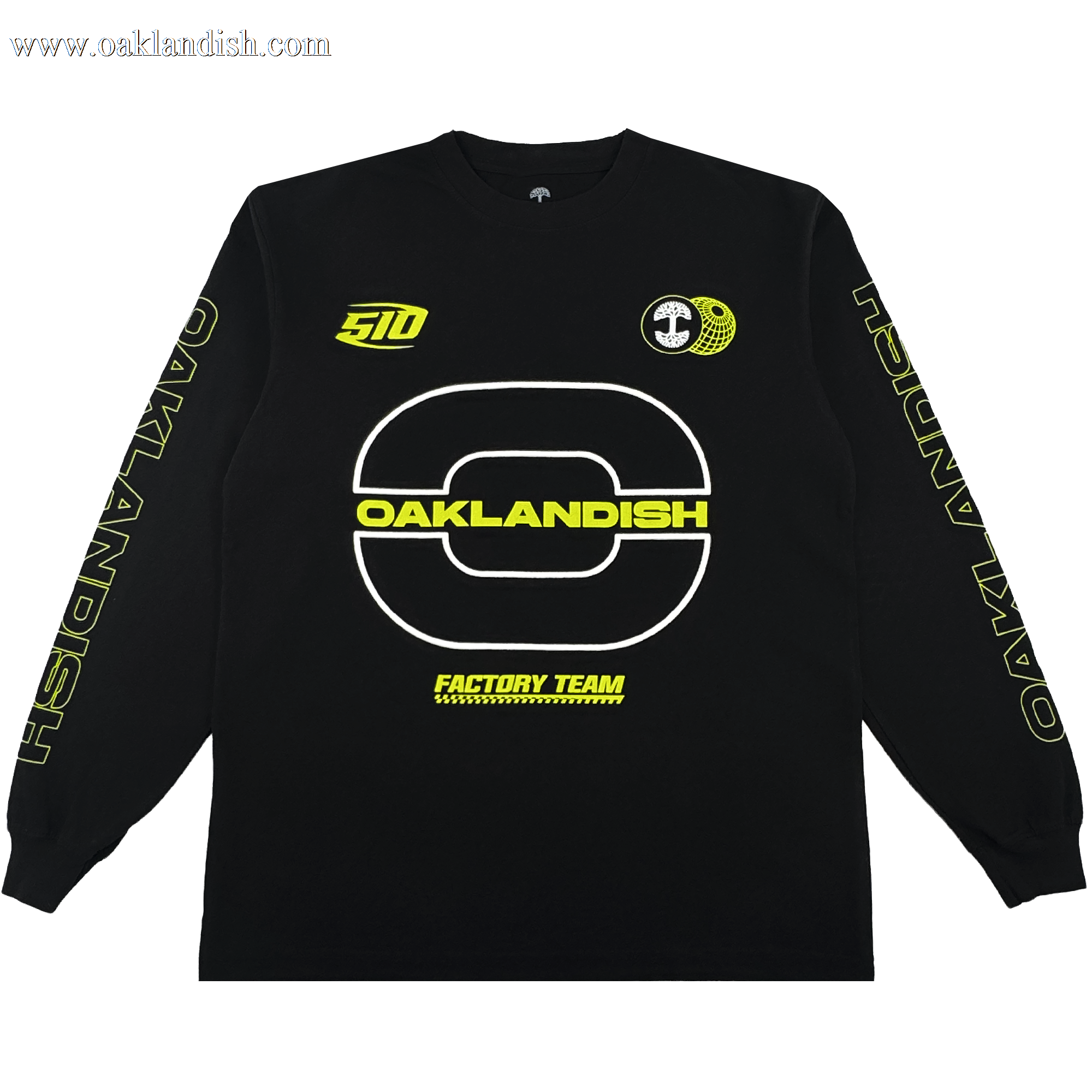 The Brrraaap Moto LS Tee by Oaklandish is a black men's long sleeve shirt with bold yellow and white graphics, “OAKLANDISH” on the chest and sleeves, a large stylized “O,” and racing-inspired logos on the front.