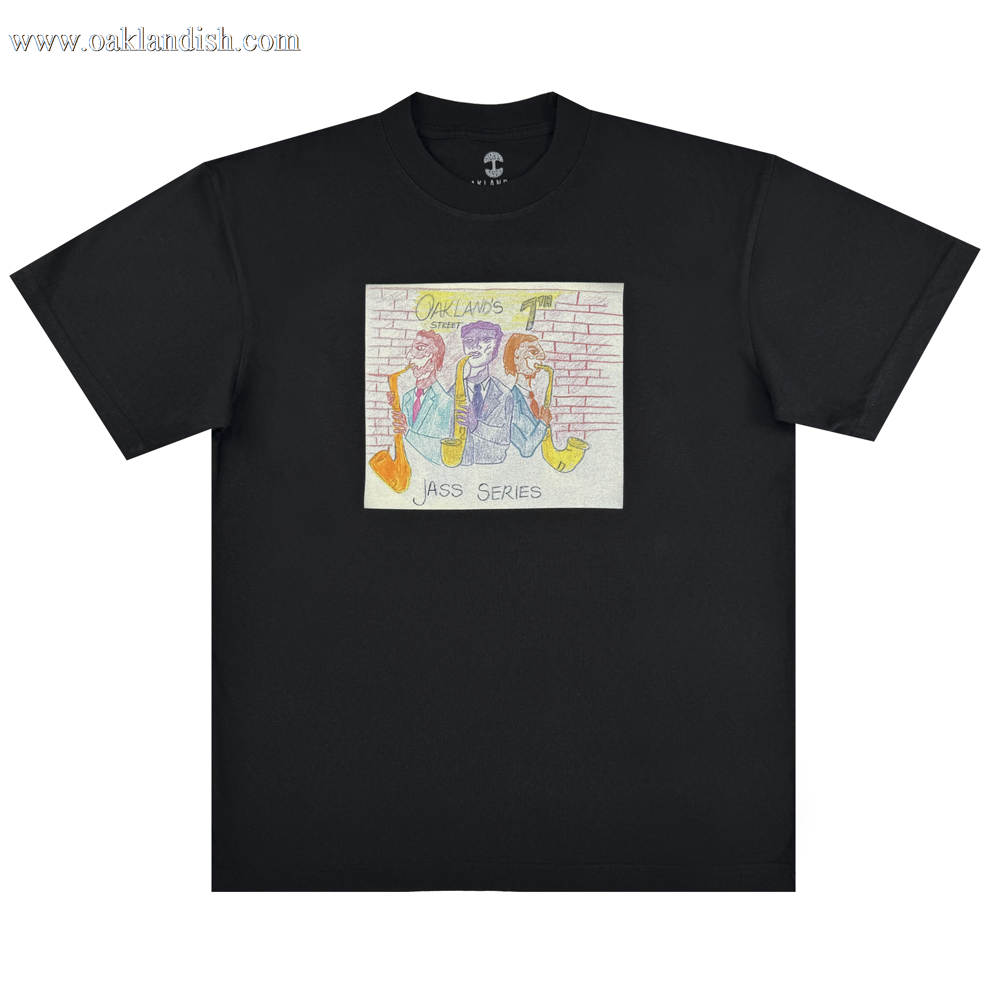 The Oaklandish 7th St. Players Tee is a black, classic fit 100% cotton shirt featuring a vibrant hand-drawn graphic of three saxophonists before a brick wall, with "OAKLAND'S JASS SERIES" above and below the artwork.