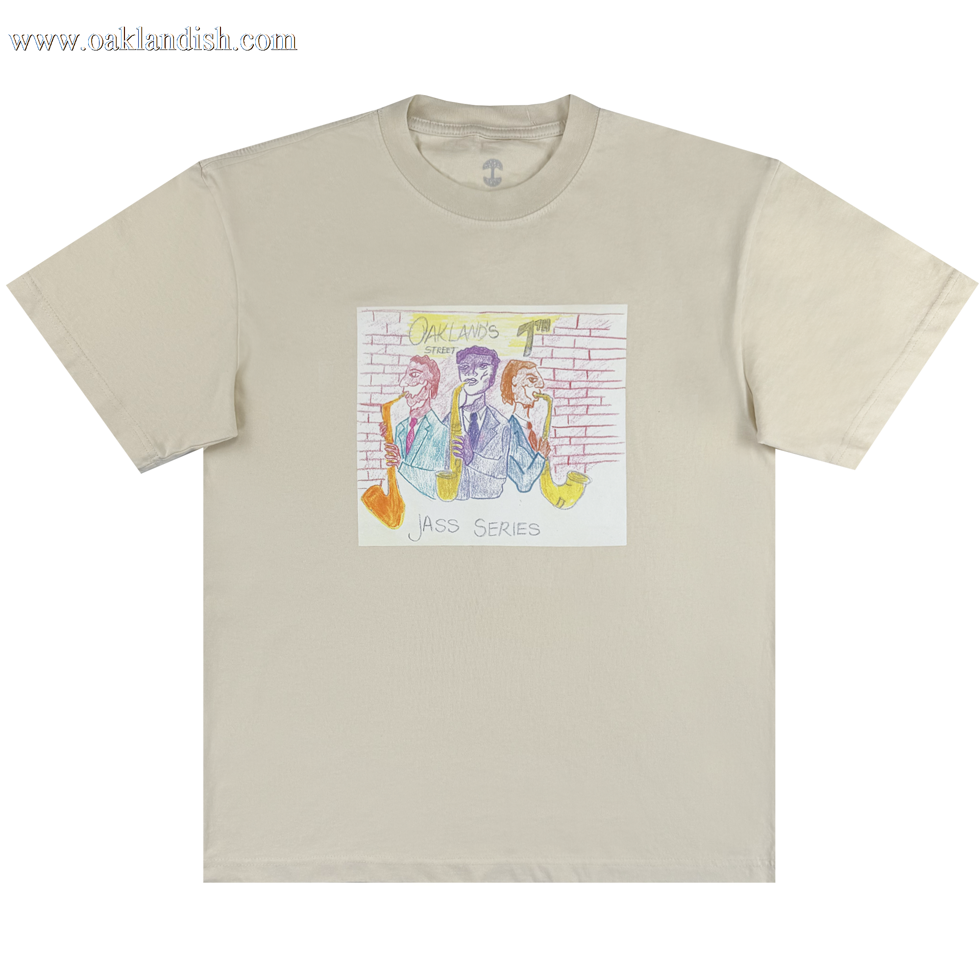 The 7th St. Players Tee by Oaklandish is a natural beige, 100% cotton classic fit t-shirt with a hand-drawn design of three saxophonists by a brick wall, featuring "OAKLAND'S" above and "JASS SERIES" below in colorful sketched art.