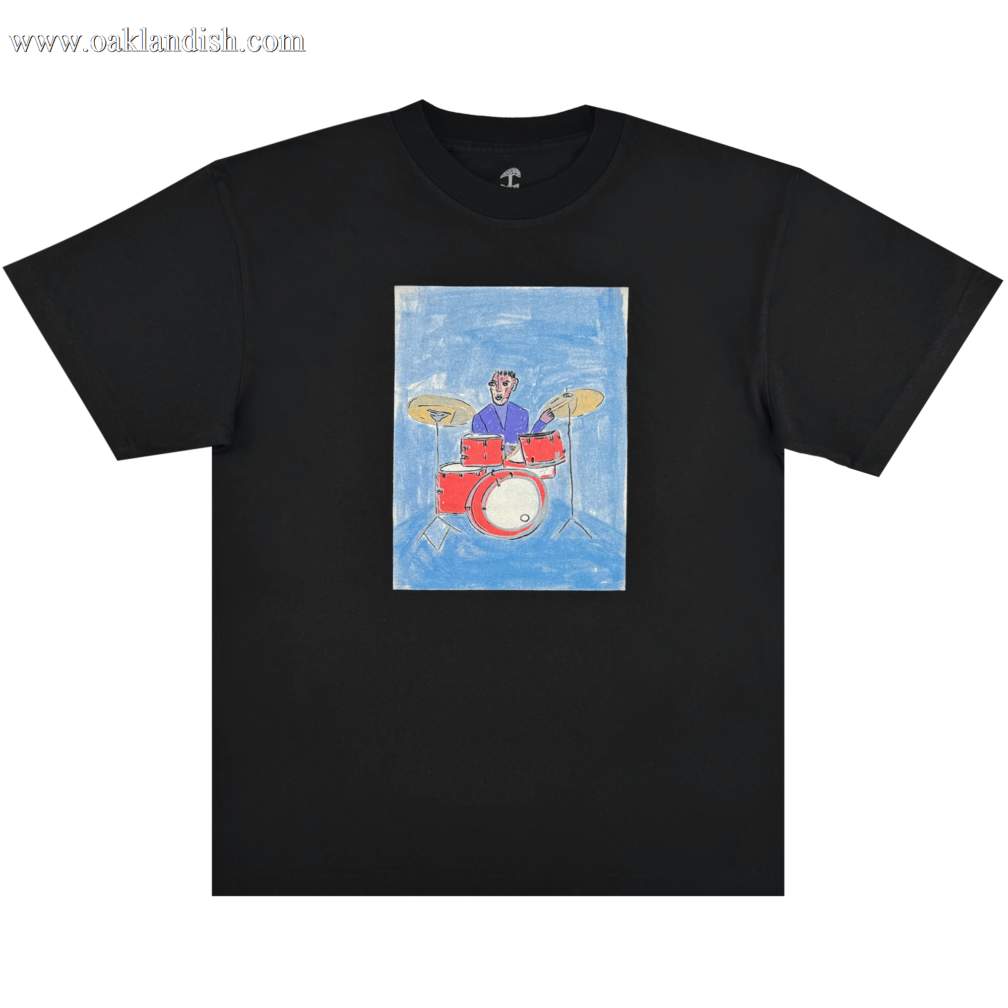 The Drummin' Blues Tee by Oaklandish is a classic fit, 100% cotton shirt featuring a playful, painted drummer on a red drum set against blue on a black backdrop—a comfortable staple with bold, childlike character.