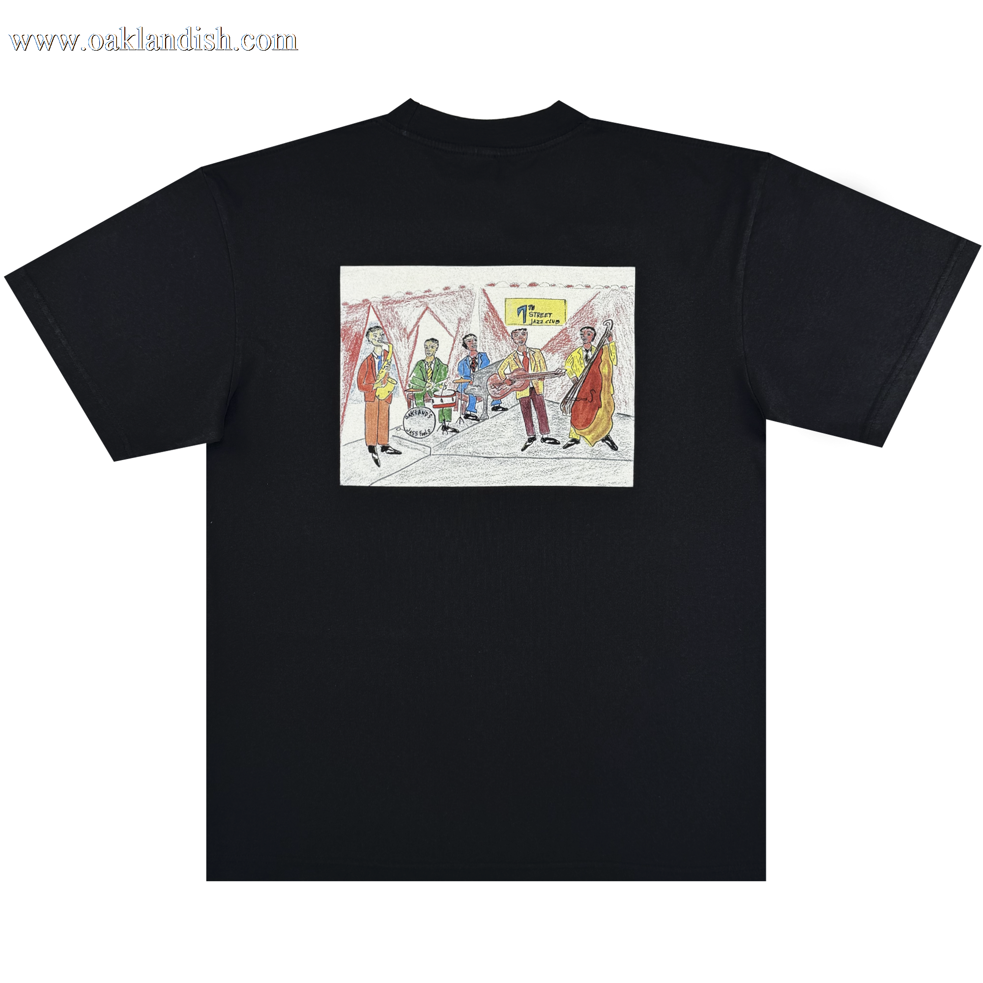The Ode to Jass Tee by Oaklandish is a black, classic-fit 100% cotton shirt with a colorful back graphic of five musicians at the TOMORROW JAZZ FEST—an ideal pick for music fans seeking stylish American apparel.
