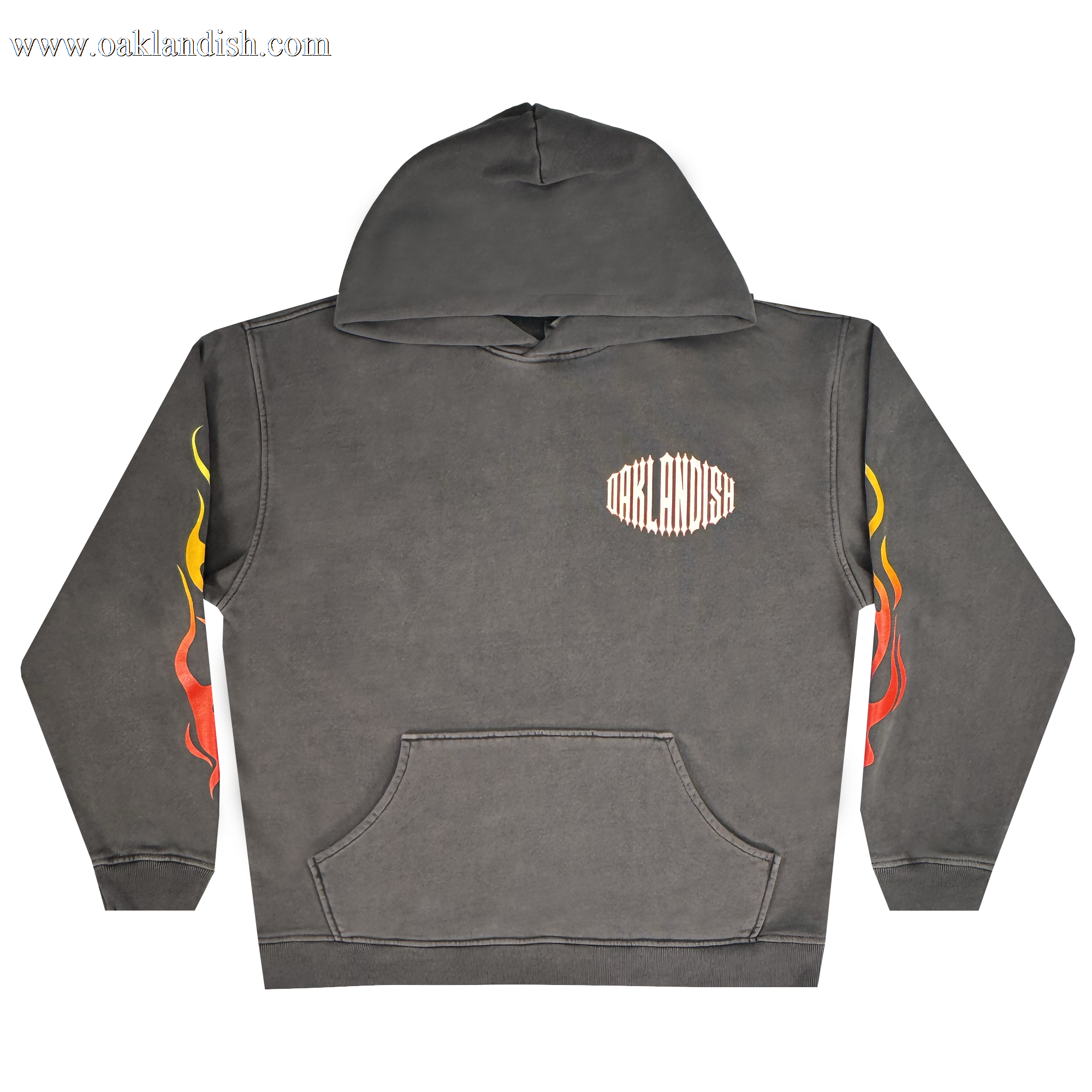 The Chopper Heavy Hoodie by Oaklandish is a gray pullover with "OAKLANDISH" in white on the chest. Made from 100% cotton fleece, it has an oversized drop shoulder, front pouch pocket, hood, and flame designs on the sleeves in red, yellow, and orange.