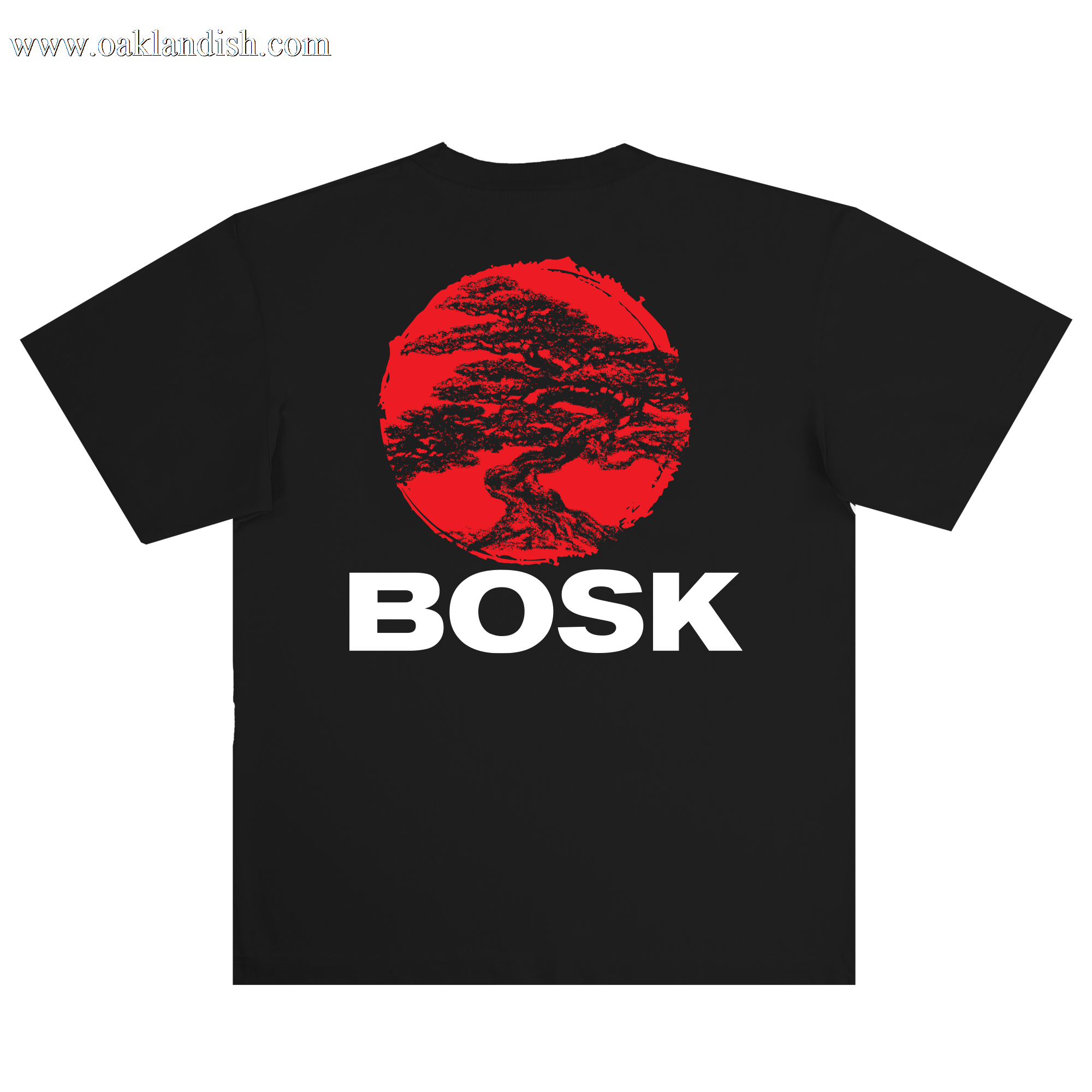 The BOSK Circle Bonsai Tee is a classic fit black shirt made from heavy-weight cotton, featuring a large red circle with an intricate bonsai tree on the back and “BOSK” printed in bold white letters below.