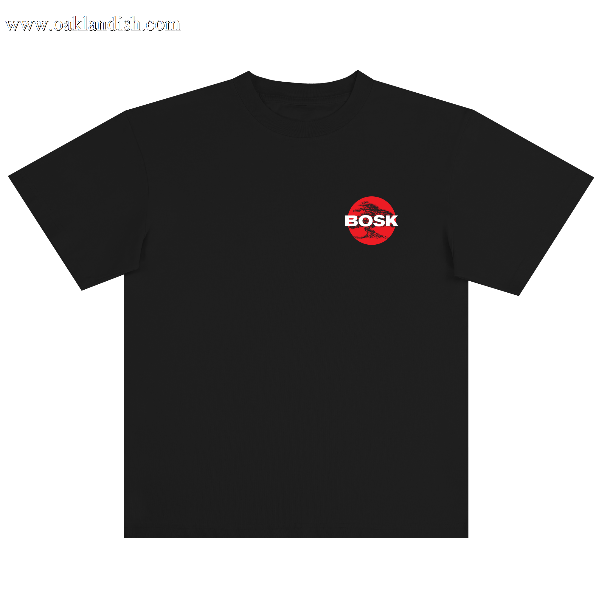 The BOSK Circle Bonsai Tee is a classic fit black t-shirt made from heavyweight cotton, featuring a small red and white circular BOSK logo with a stylized red sun on the left chest for a clean, minimal look.