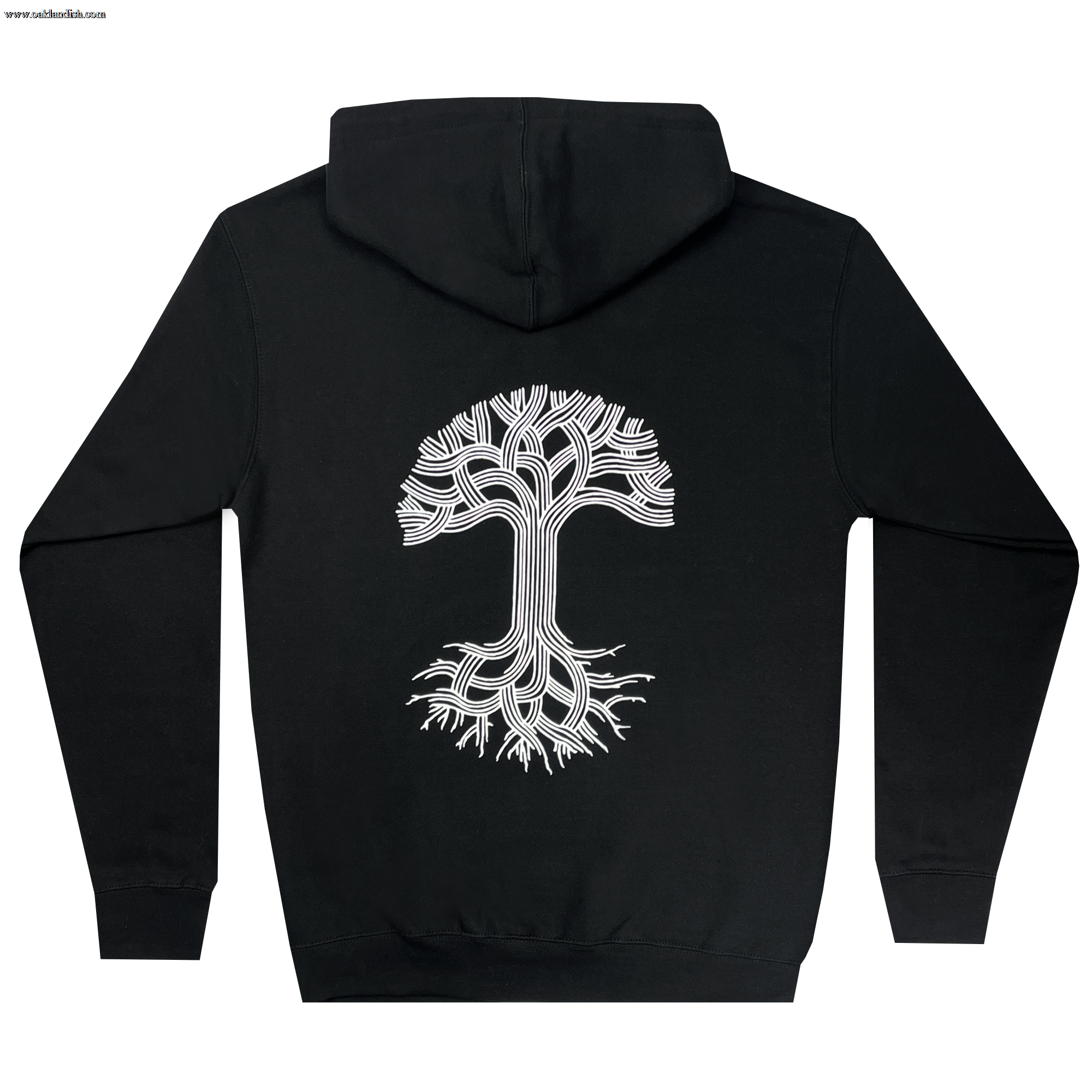 The Oaklandish Classic Hoodie, designed by Oaklandish, is presented in a men's black fit. It features a detailed white tree design on the back, with intertwined branches and roots stretching from top to bottom. Inspired by Oakland roots, this flat-laid hoodie includes a hood and long sleeves to showcase the intricate pattern clearly.