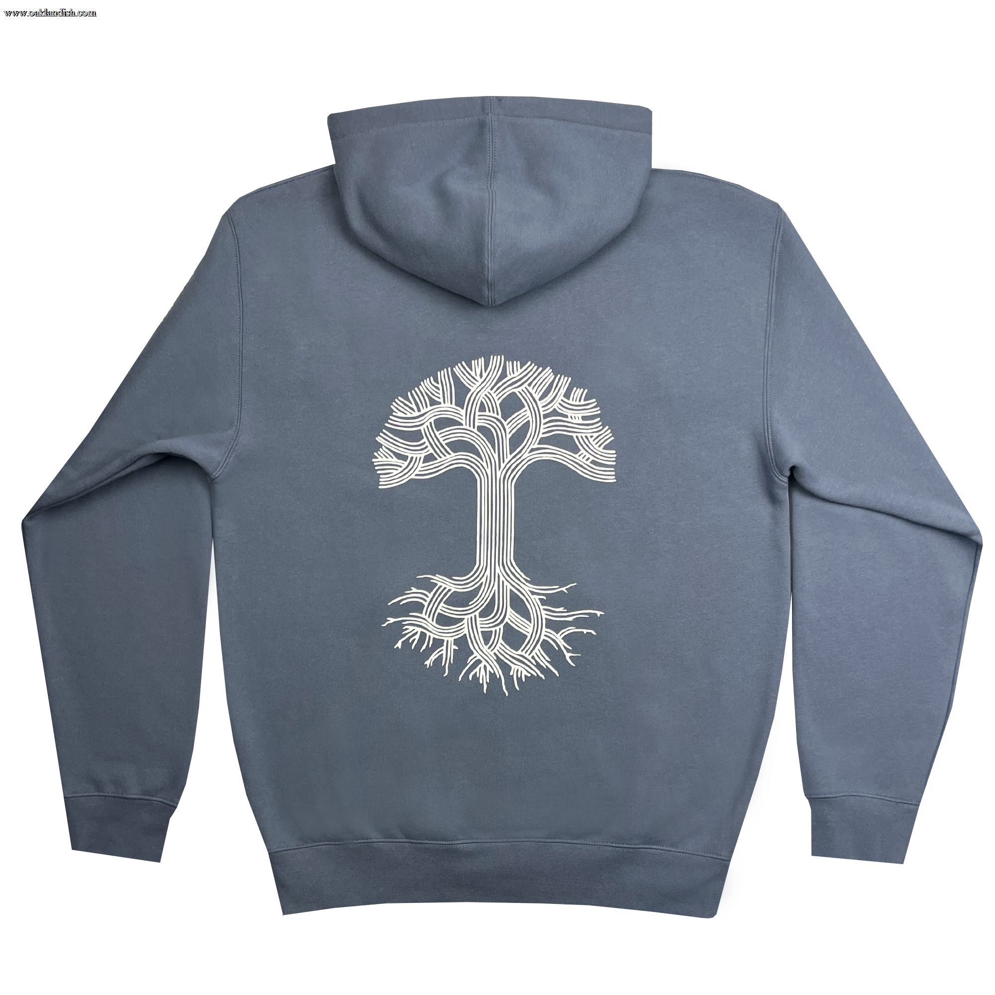 A back view of the Oaklandish Classic Hoodie in storm blue, featuring a white abstract tree design on the back. The tree showcases intricate, flowing branches and roots that create a symmetrical and artistic pattern. This pullover hoodie by Oaklandish comes with long sleeves and a hood.