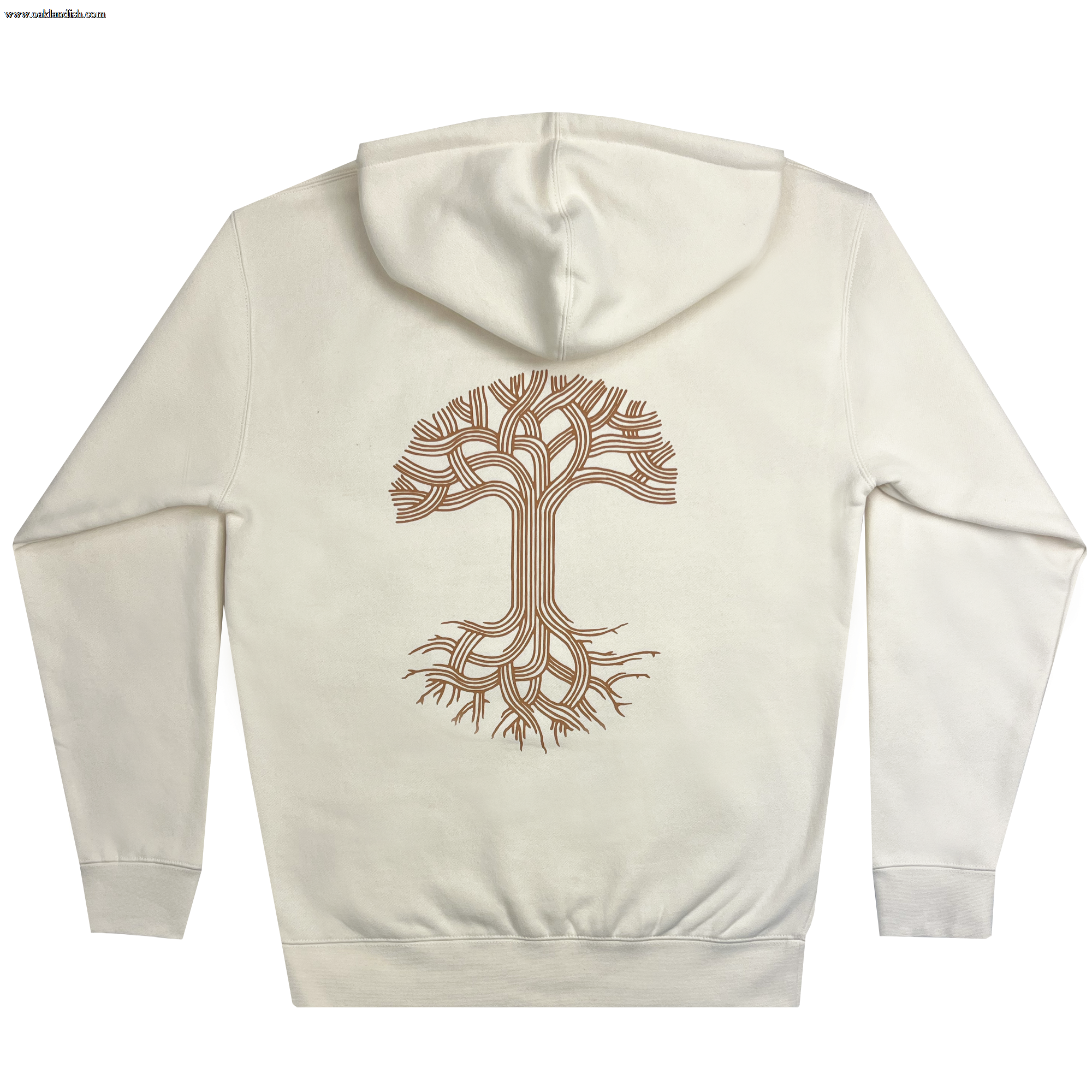 The Oaklandish Classic Hoodie by Oaklandish is a white pullover featuring a minimalist tree design on the back. The tree showcases simple, flowing brown lines that form an abstract, symmetrical pattern with its trunk, branches, and roots. The branches stretch outward at the top while the roots extend downward at the bottom, providing a stylish men's fit.