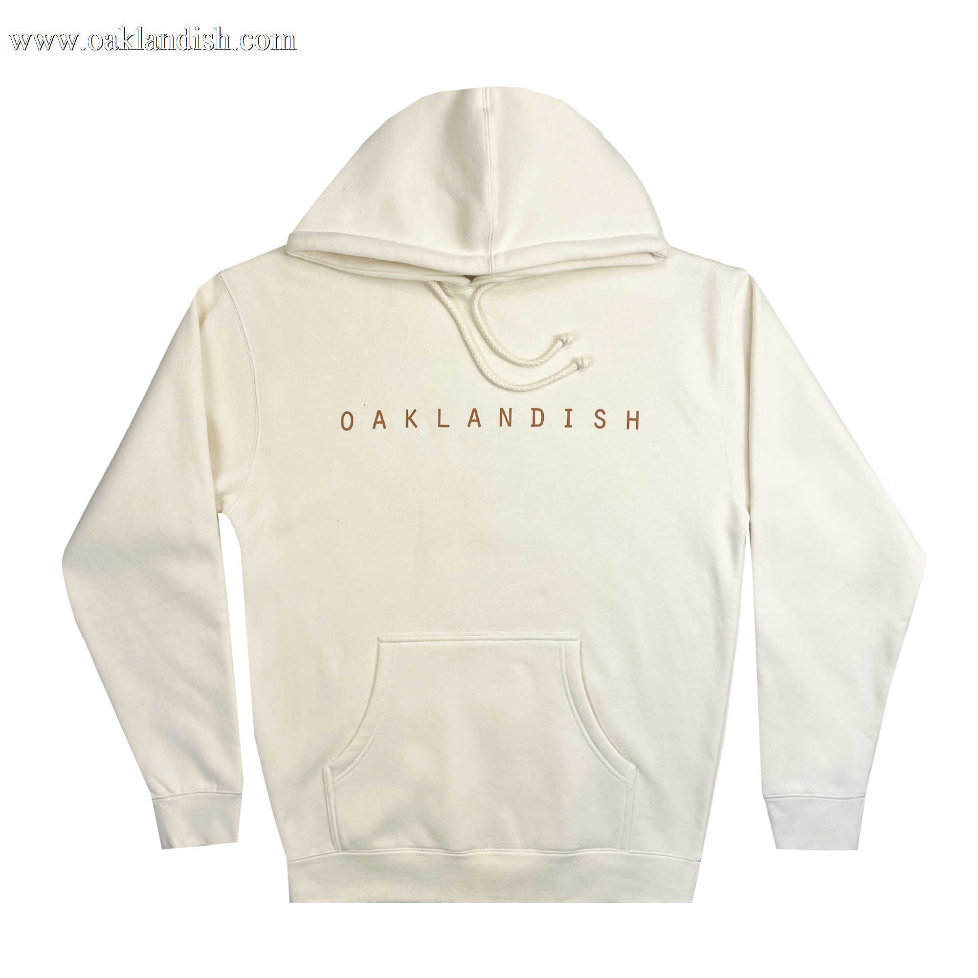 The Oaklandish Classic Hoodie, exhibited with its back facing the viewer, comes in a clean white and showcases "OAKLANDISH" in bold brown capital letters across the upper back. Designed for men, it features a front kangaroo pocket and an adjustable drawstring hood. The hoodie also includes ribbed sleeves and hem for a cozy fit, embodying the distinctive Oakland roots style.