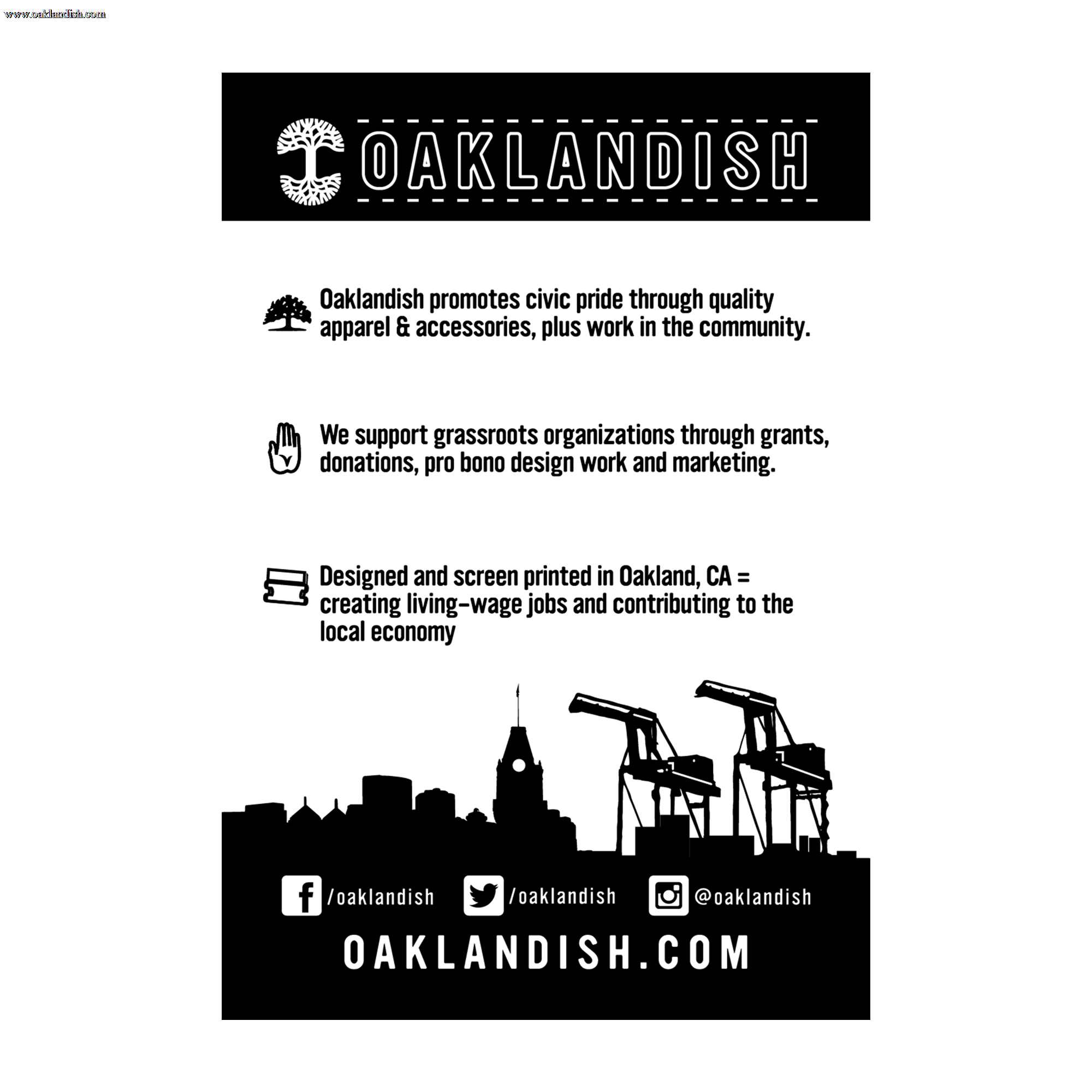 Oaklandish Classic Sticker featuring the roots logo, city skyline, cranes, and Tribune Tower—celebrating civic pride and local jobs. Social media icons and oaklandish.com appear at the bottom.