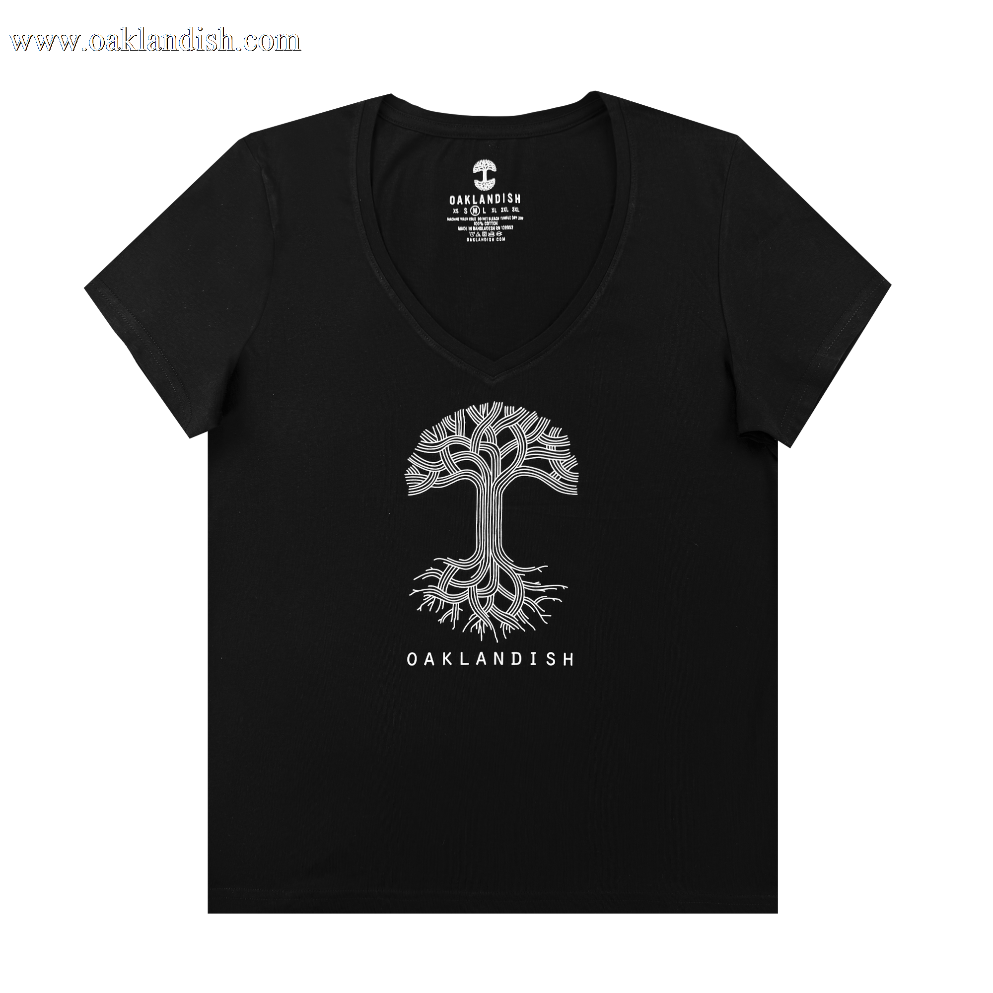 The Women's Oaklandish Logo V-Neck by Oaklandish is a black 100% cotton tee with a white stylized tree and "OAKLANDISH" in uppercase below, centered on the chest. The shirt is displayed flat on a white background.