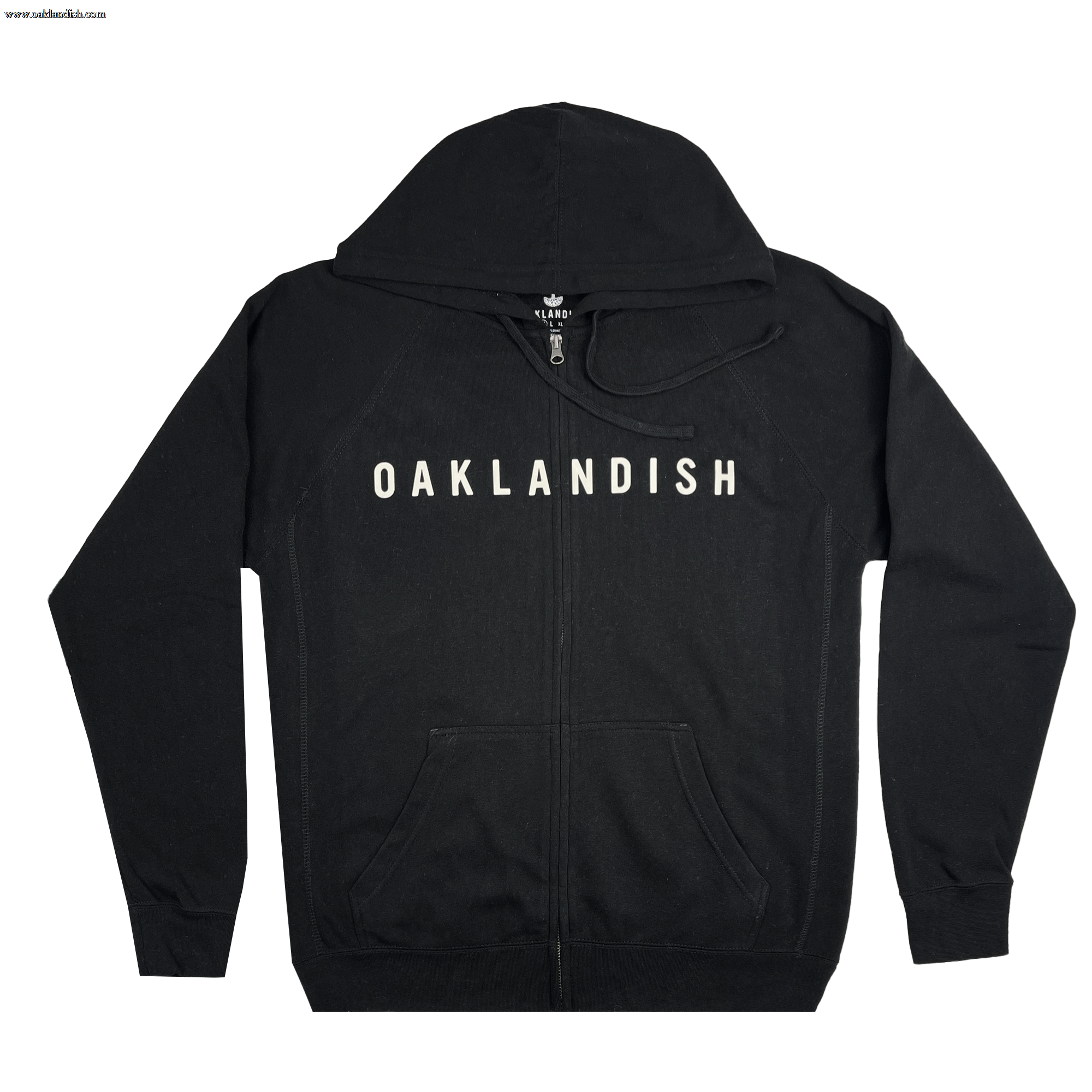 An Oaklandish Classic Zip Hoodie, featuring a sleek black design with "OAKLANDISH" printed in bold white capital letters across the chest. This unisex zip-up hoodie includes a front zipper, two front pockets, and a drawstring hood. The garment is displayed laid flat on a white background.