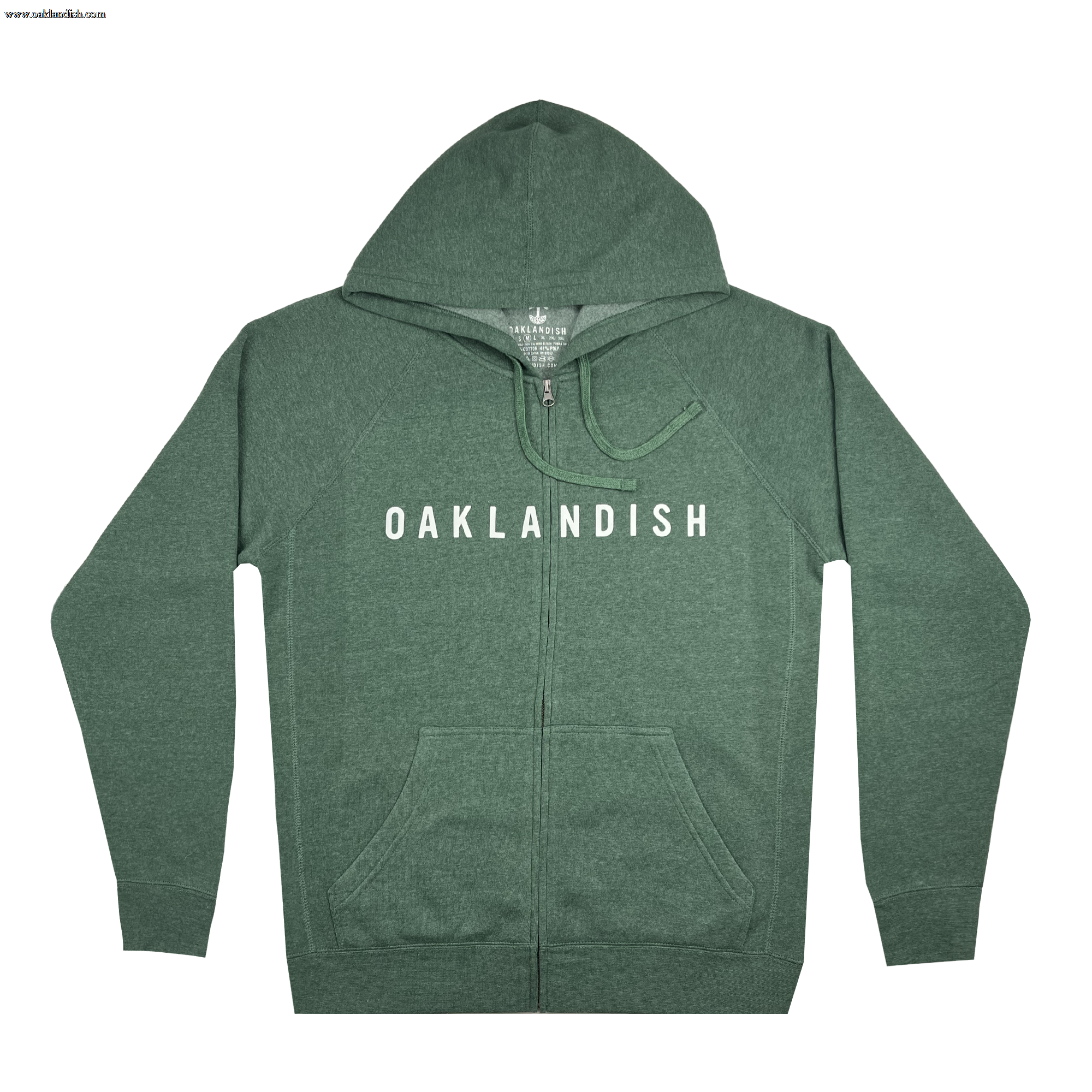 Introducing the Oaklandish Classic Zip Hoodie—a unisex forest green zip-up hoodie featuring a hood and front pockets. Across the chest, "OAKLANDISH" is boldly printed in uppercase white letters. This versatile piece from Oaklandish boasts a simple, classic design with ribbed cuffs and hem, making it an essential addition to any wardrobe.