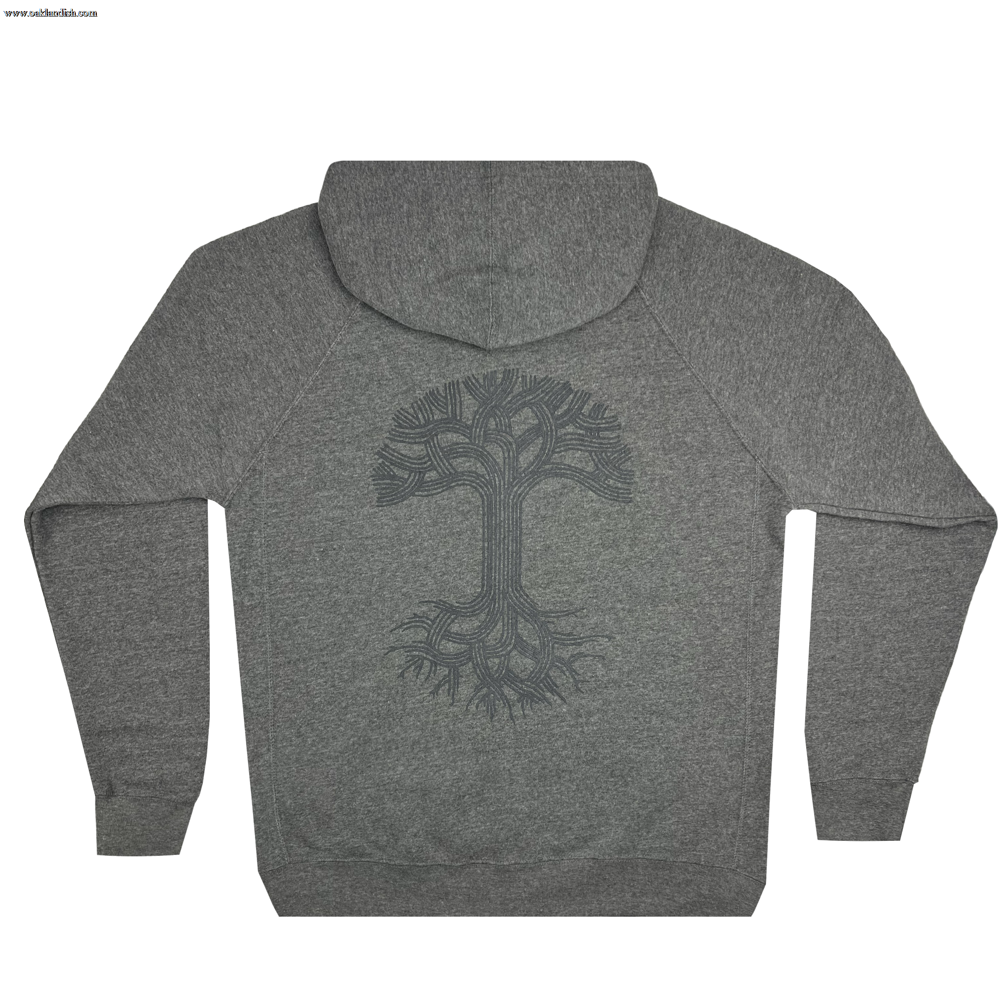 The Oaklandish Classic Zip Hoodie from Oaklandish is showcased from the back, revealing an elaborate tree design with sprawling branches and roots. This gray zip-up outerwear features a relaxed unisex fit with long sleeves and a hood. The tree design boasts a slightly darker shade than the fabric, creating a subtle contrast.