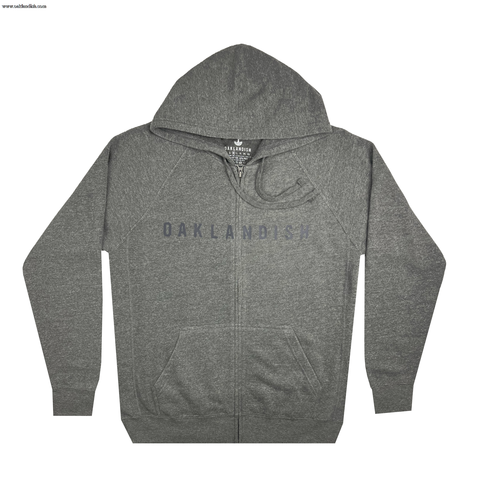 The Oaklandish Classic Zip Hoodie by Oaklandish, a heather gray unisex fit zip-up, showcases the word "OAKLANDISH" printed in black across the chest. This outerwear includes a front zipper, two side pockets, and a drawstring hood. The hoodie is displayed flat against a white background.