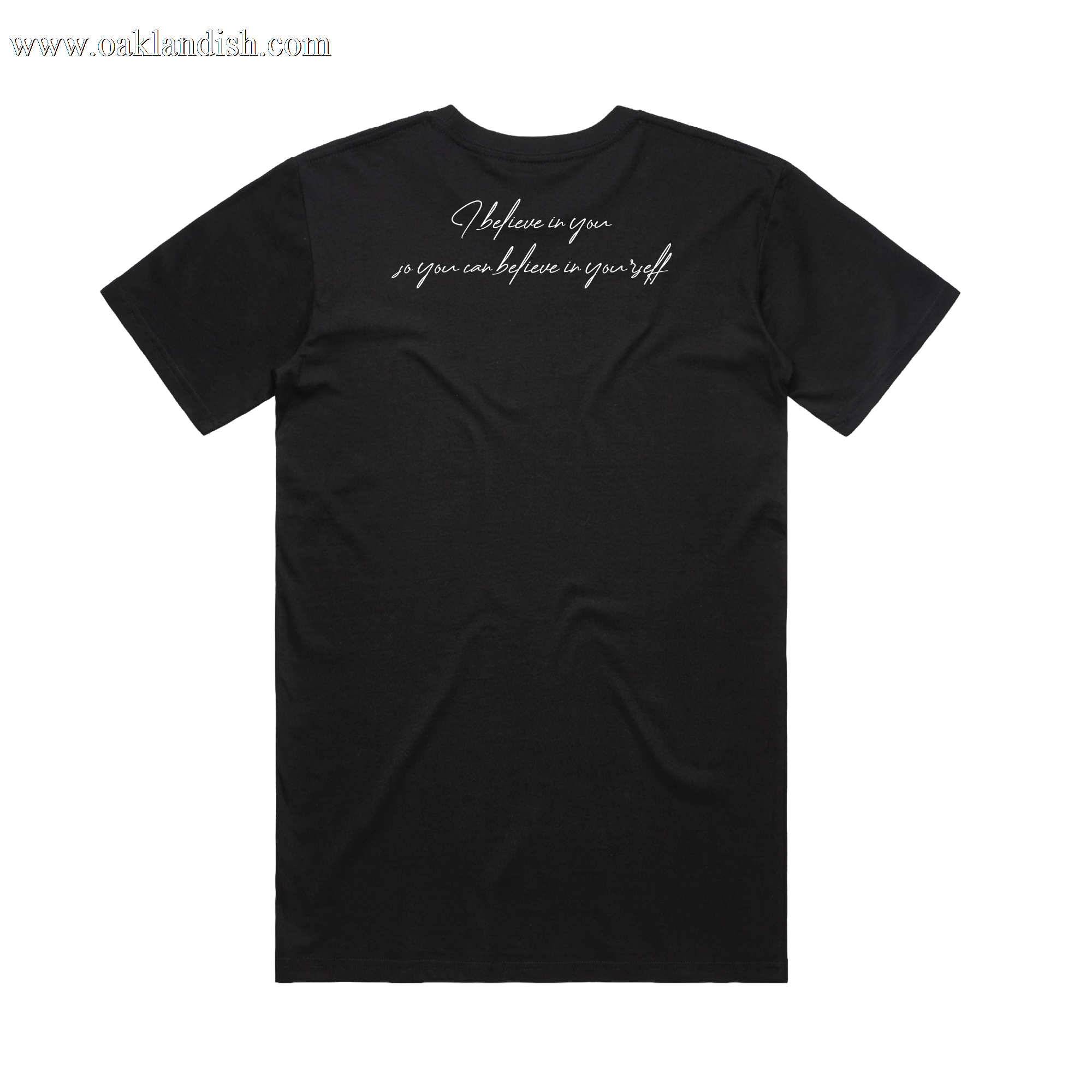 The Coach Beam's Legacy Tee by Other is a black short-sleeve shirt shown flat from the back. Across the upper back, white cursive reads “I believe in you so you can believe in yourself,” honoring the Coach Beam Legacy. No other designs or logos.