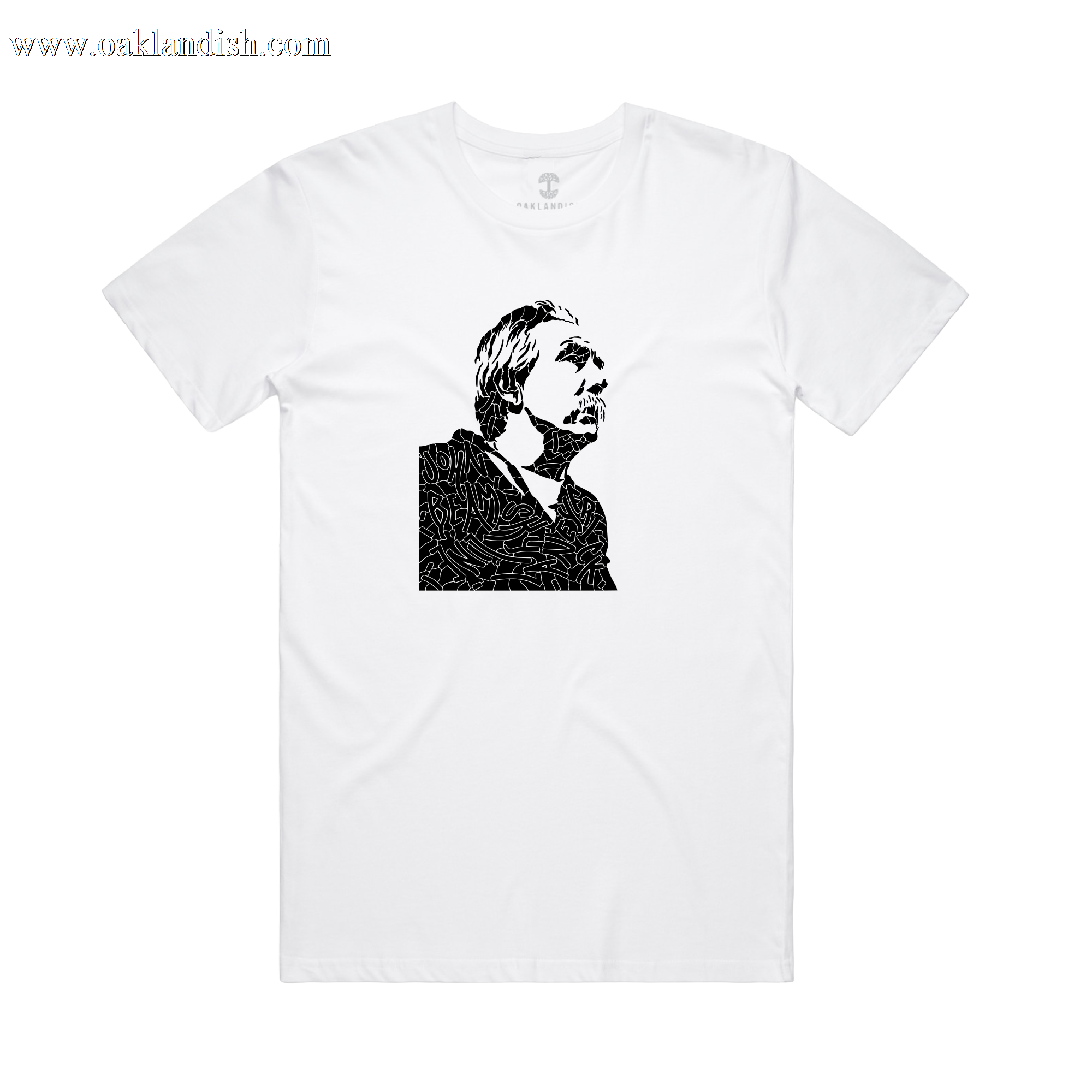 The Oaklandish Coach Beam's Legacy Tee is a white shirt featuring a black, abstract line art portrait of Coach John Beam with medium-length hair and a mustache, centered on the chest to honor Oakland youth. Background is plain.