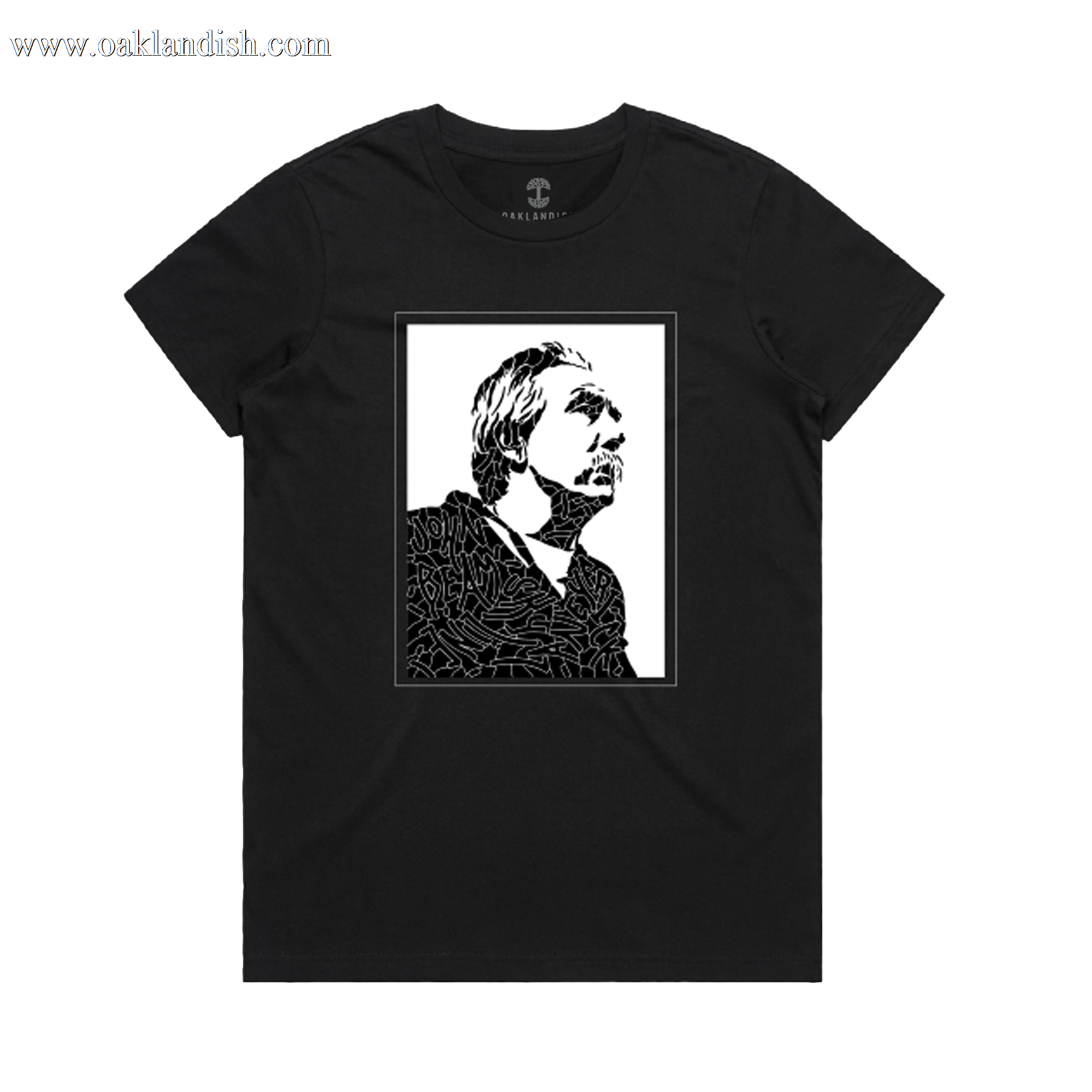 The Women's Coach Beam's Legacy Tee by Oaklandish is a black crew-neck shirt with a high-contrast graphic of an upward-looking figure, inspired by Coach John Beam and Oakland youth, framed in abstract lines on the chest.