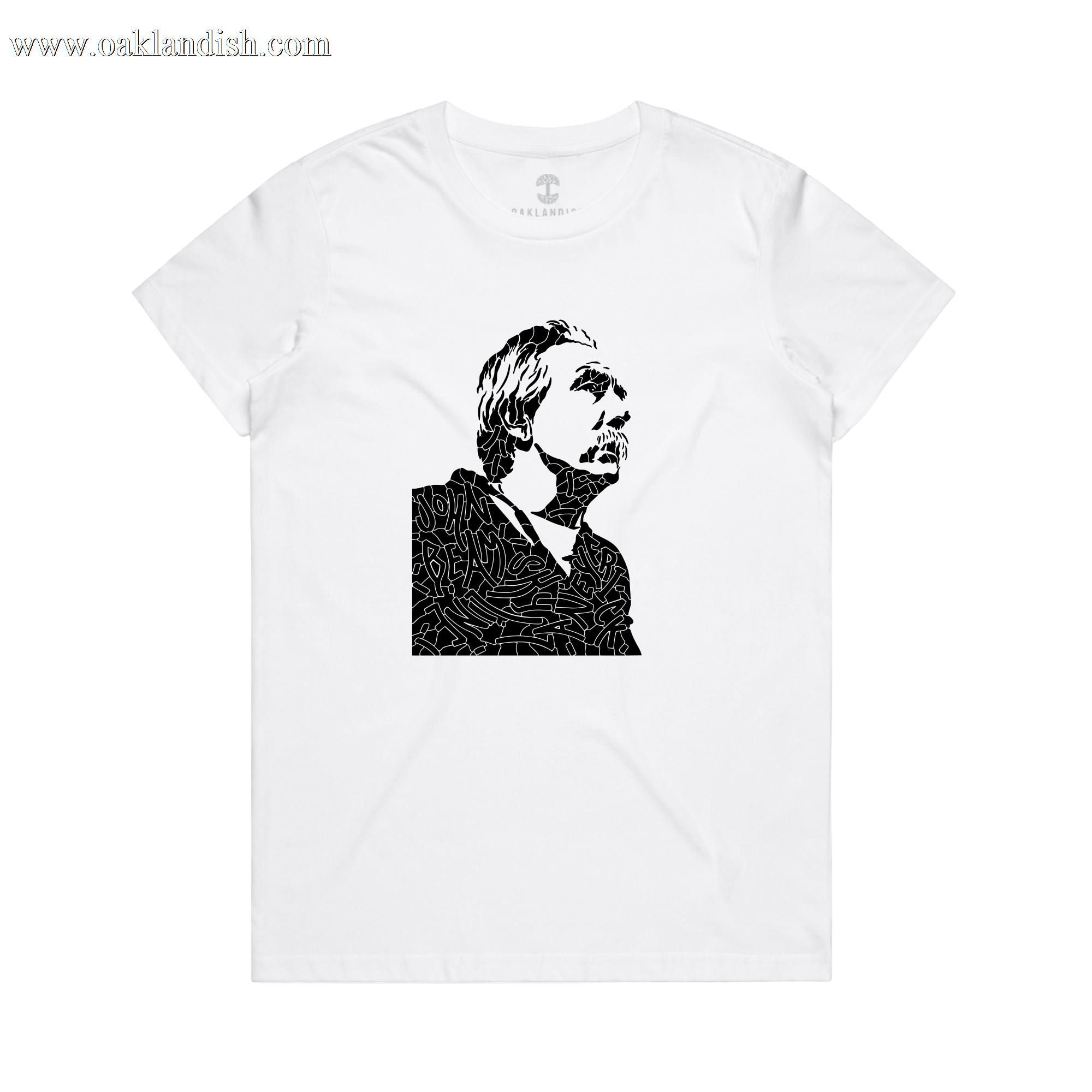 The Women's Coach Beam's Legacy Tee by Oaklandish features a black and white graphic of a face in profile, with abstract, labyrinth-like patterns inspired by Oakland youth for a bold visual impact.