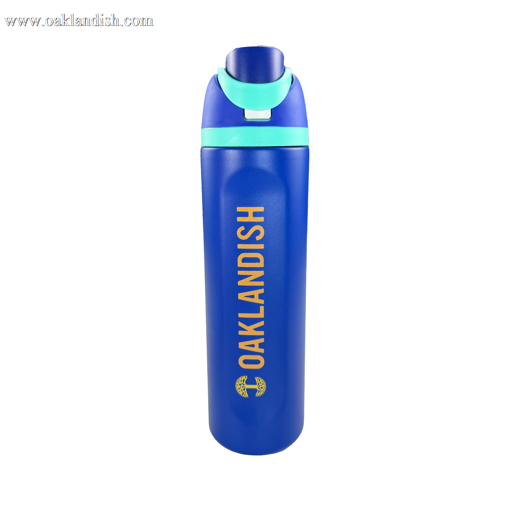 The Oaklandish Colorful Bottle is a tall blue water bottle with a light blue flip-top lid and handle. “OAKLANDISH” appears vertically in bold yellow above a small yellow tree logo on the front. Background is solid white.
