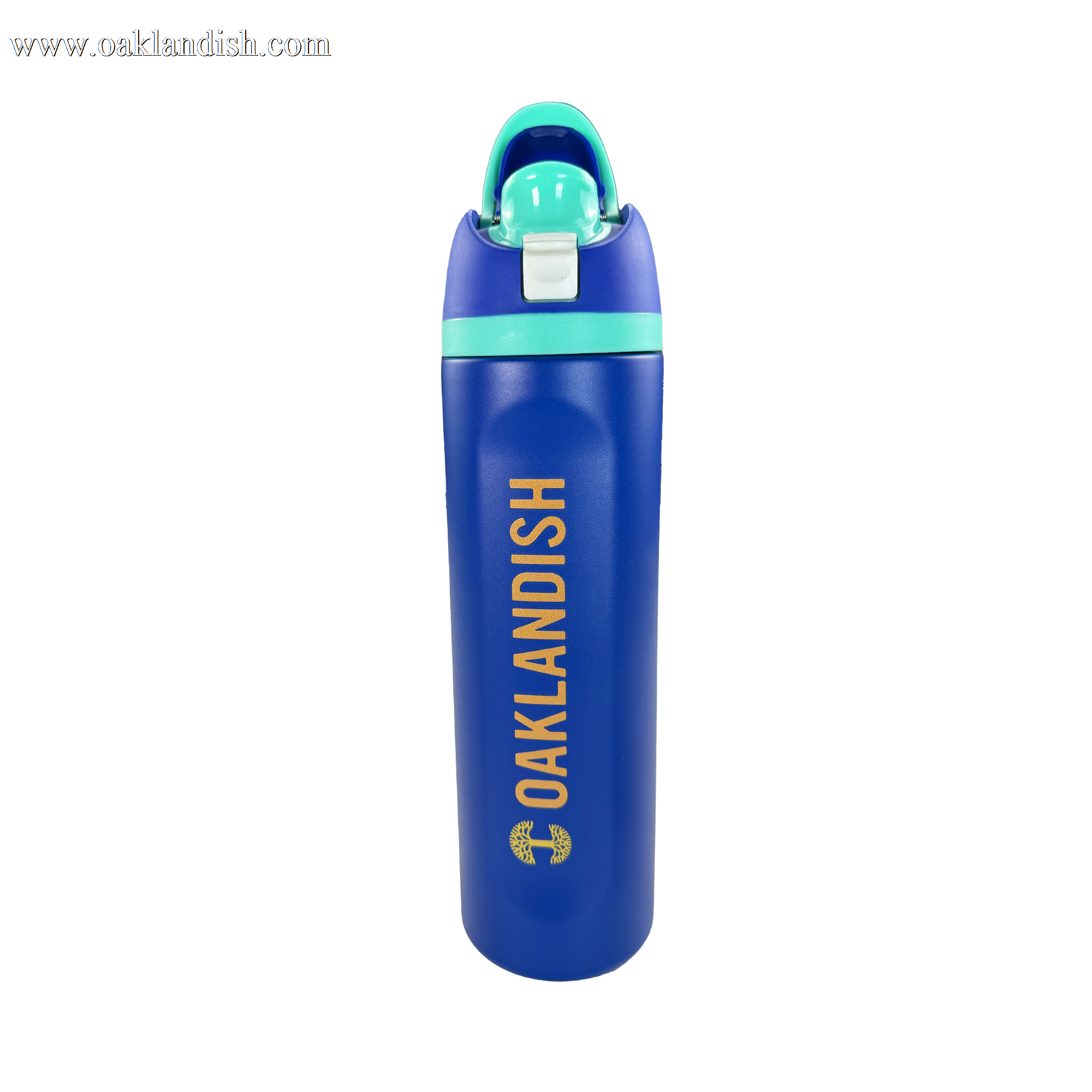 The Oaklandish Colorful Bottle is a tall, blue bottle with a turquoise flip-top lid, white latch, and "OAKLANDISH" printed vertically in yellow alongside a small yellow logo near the base. Background is plain white. Brand: Oaklandish.