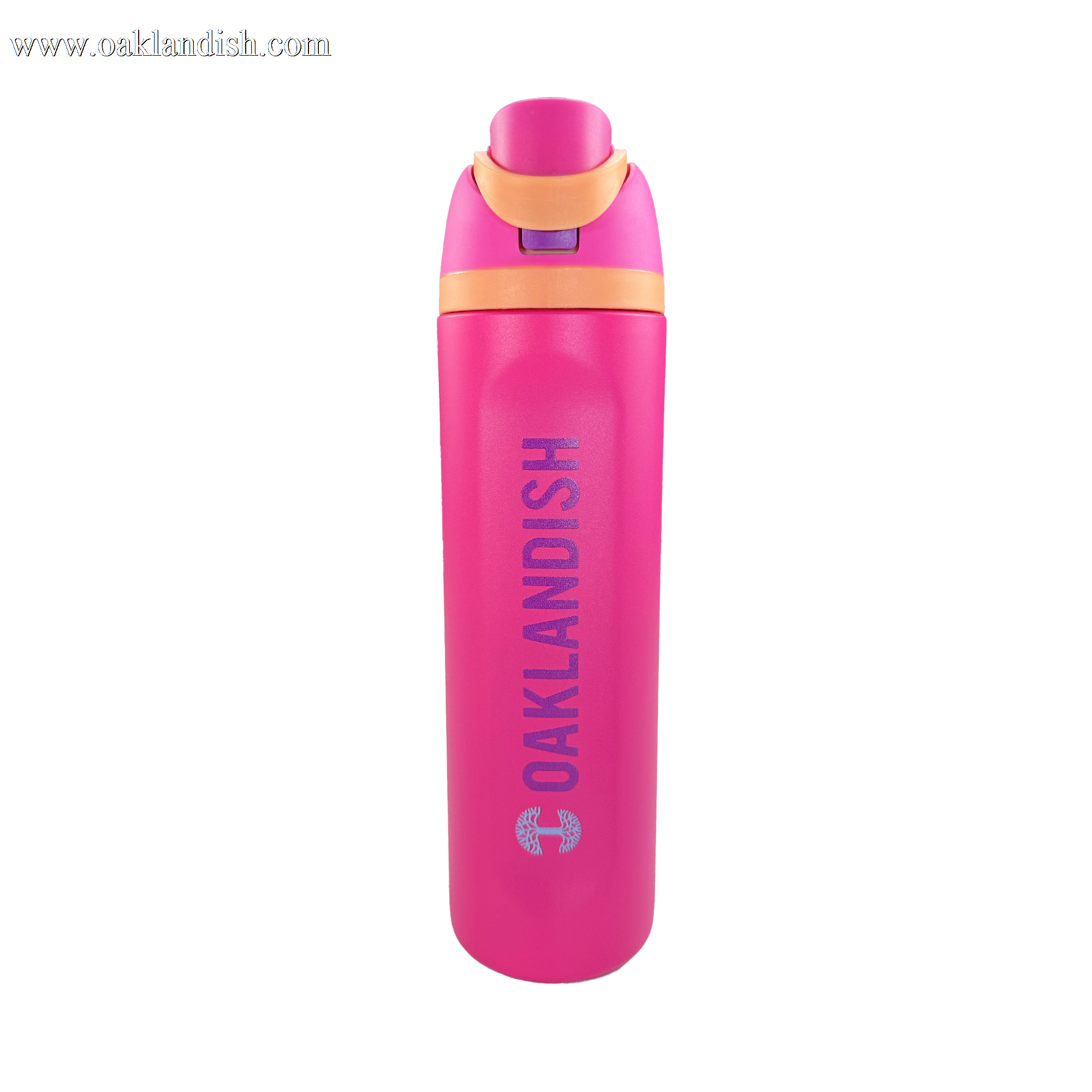 The Oaklandish Colorful Bottle features a bright pink body, orange accents, and a flip-top lid. "OAKLANDISH" is printed vertically in bold silver letters on the side, with a small circular logo below it. Set against a plain white background.