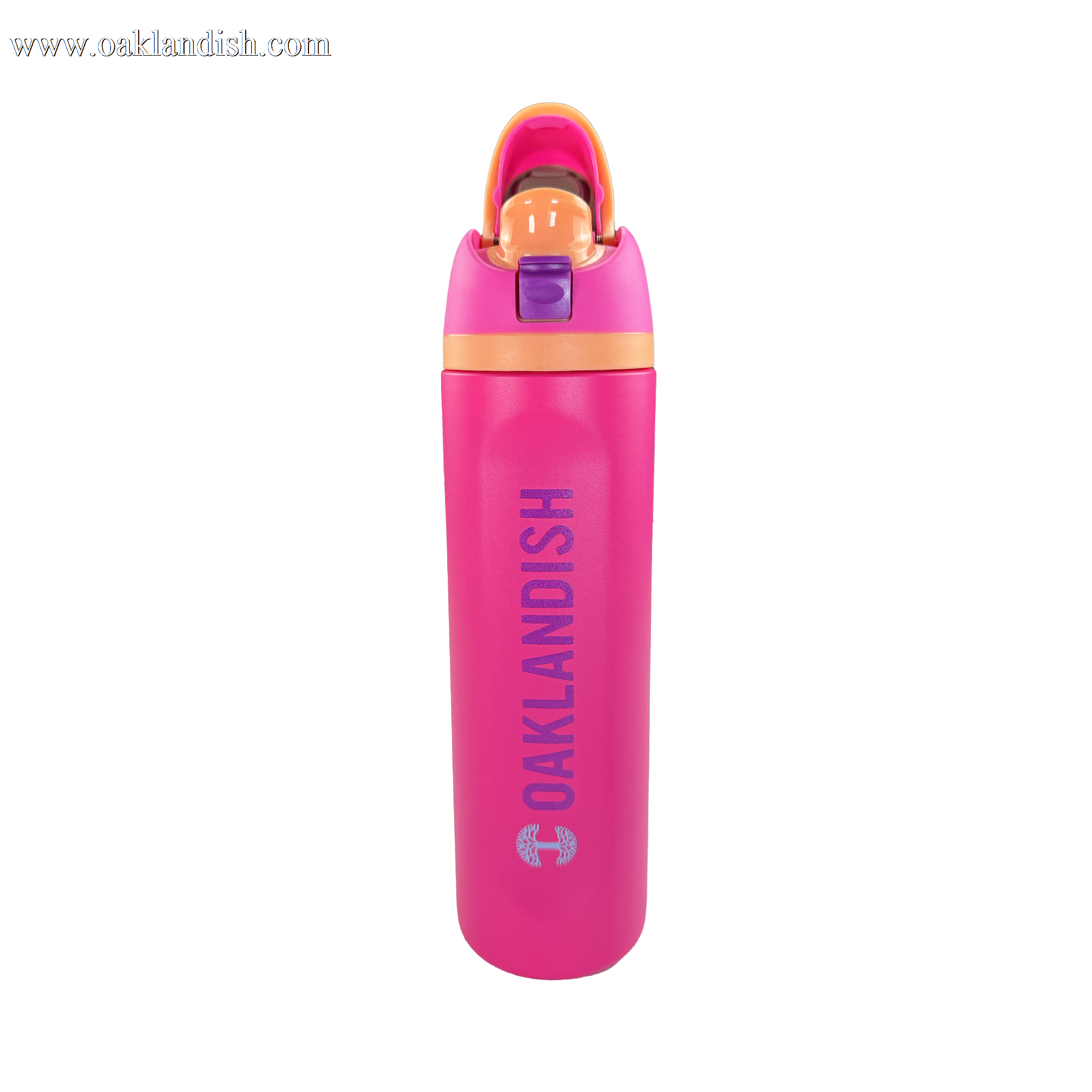 The Oaklandish Colorful Bottle by Oaklandish is tall and bright pink, featuring an orange lid, a purple flip-top spout, and "OAKLANDISH" in large silver letters down the front. The background is plain white.