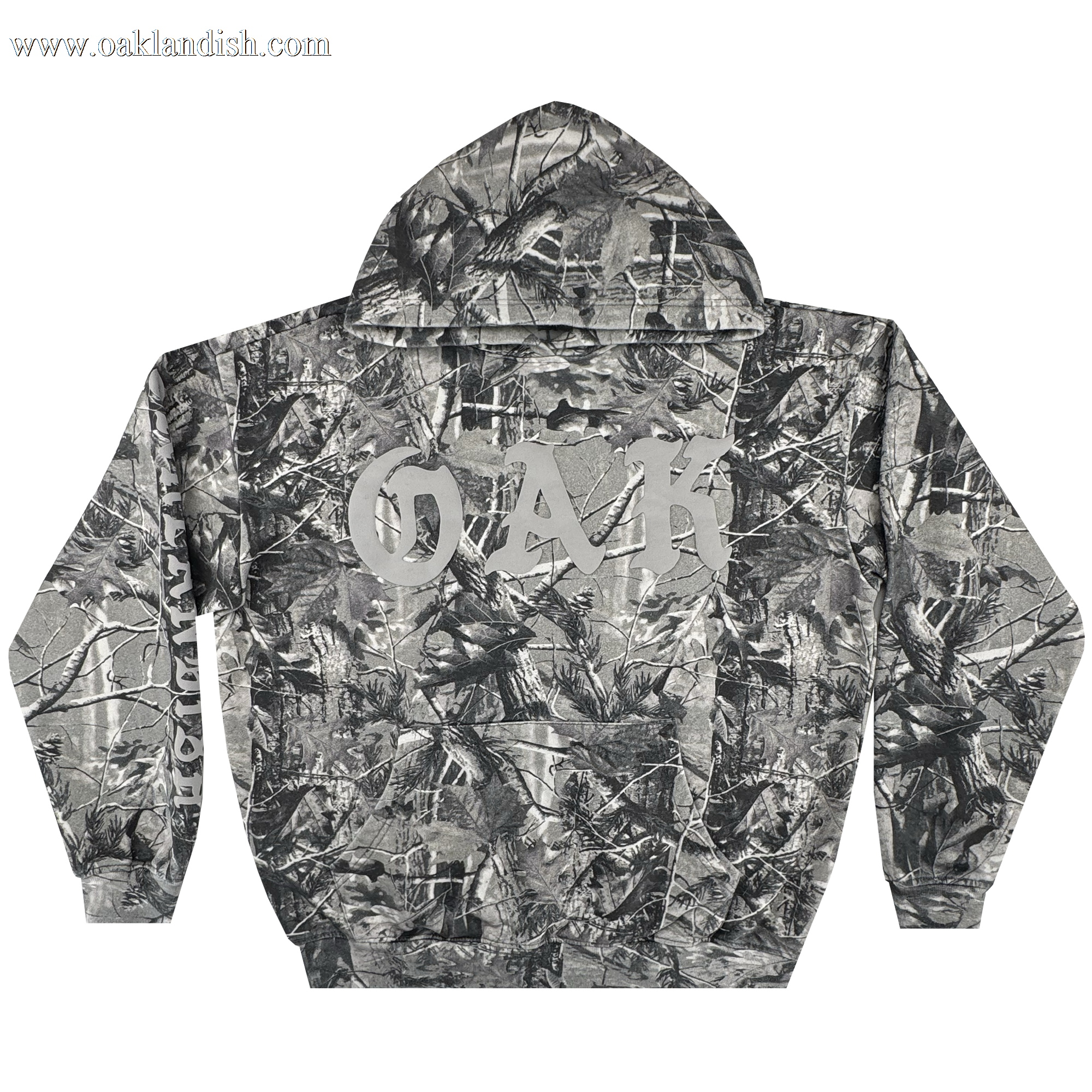 The Oaklandish Cork Hoodie is a men’s pullover in grey wood camo, inspired by tree and branch patterns. "OAK" appears in bold white letters across the upper back, centered between the shoulders.