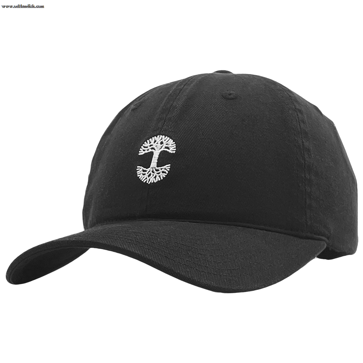 The Micro Logo Dad Hat by Oaklandish is a black dad hat featuring a slightly curved brim. It showcases a centrally positioned white embroidered Oaklandish logo, depicting a stylized tree with roots extending downwards. The textured design suggests it is made from fabric material.